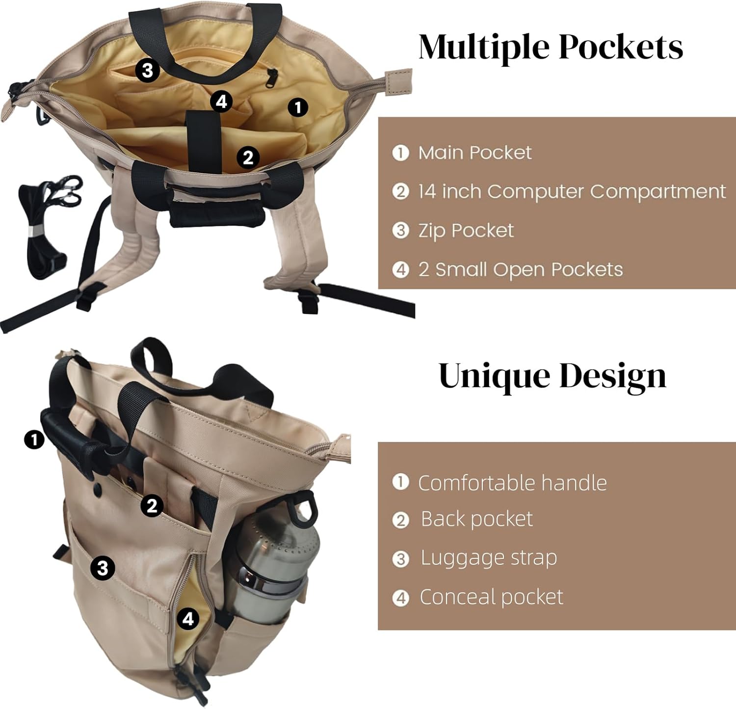 NOBLEMAN Convertible Black Laptop Backpack Purse for Women Travel Work, 3 In 1 Tote Backpack Convertible Bag Daypack for Work, Daily, Travel - Image 2