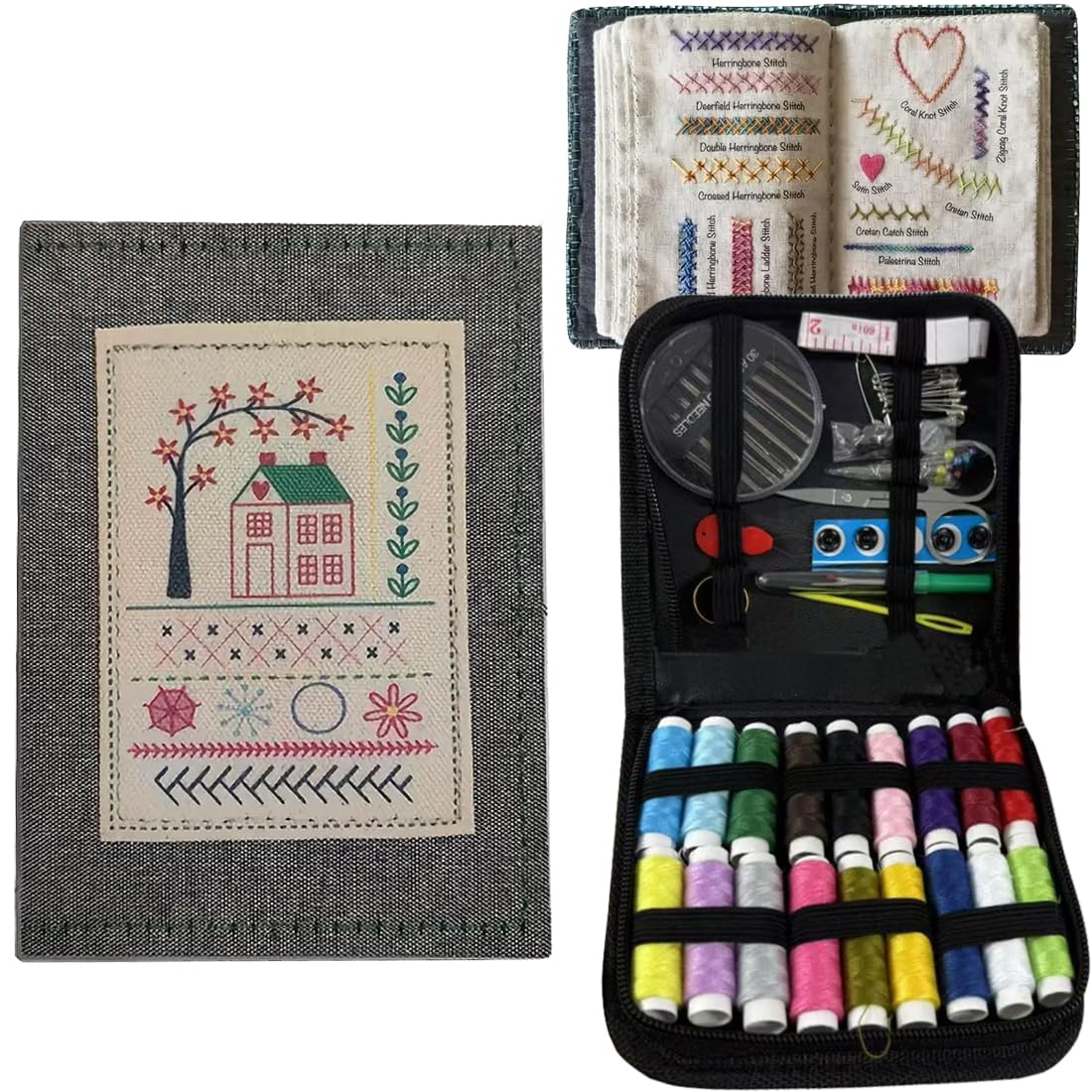 Fitspi Embroidery Stitches Book, Portable Mini Sewing Kit With Fabric, Threads, Needles & Patterns For Diy Home Decor, Creative Mini Embroidery Sampler Book For Diy Lovers And Beginners