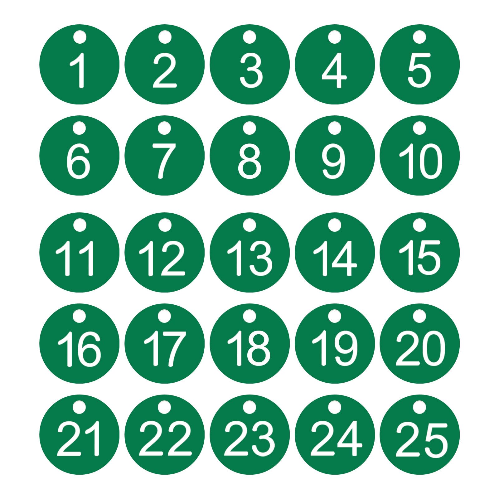 PATIKIL 1-25 Number Tags, 25Pcs Round ID Number Key Tags Plastic Numbered Keychain for Luggage Lockers Organizer Field Sales Hangers Clothes Labels, White-Green