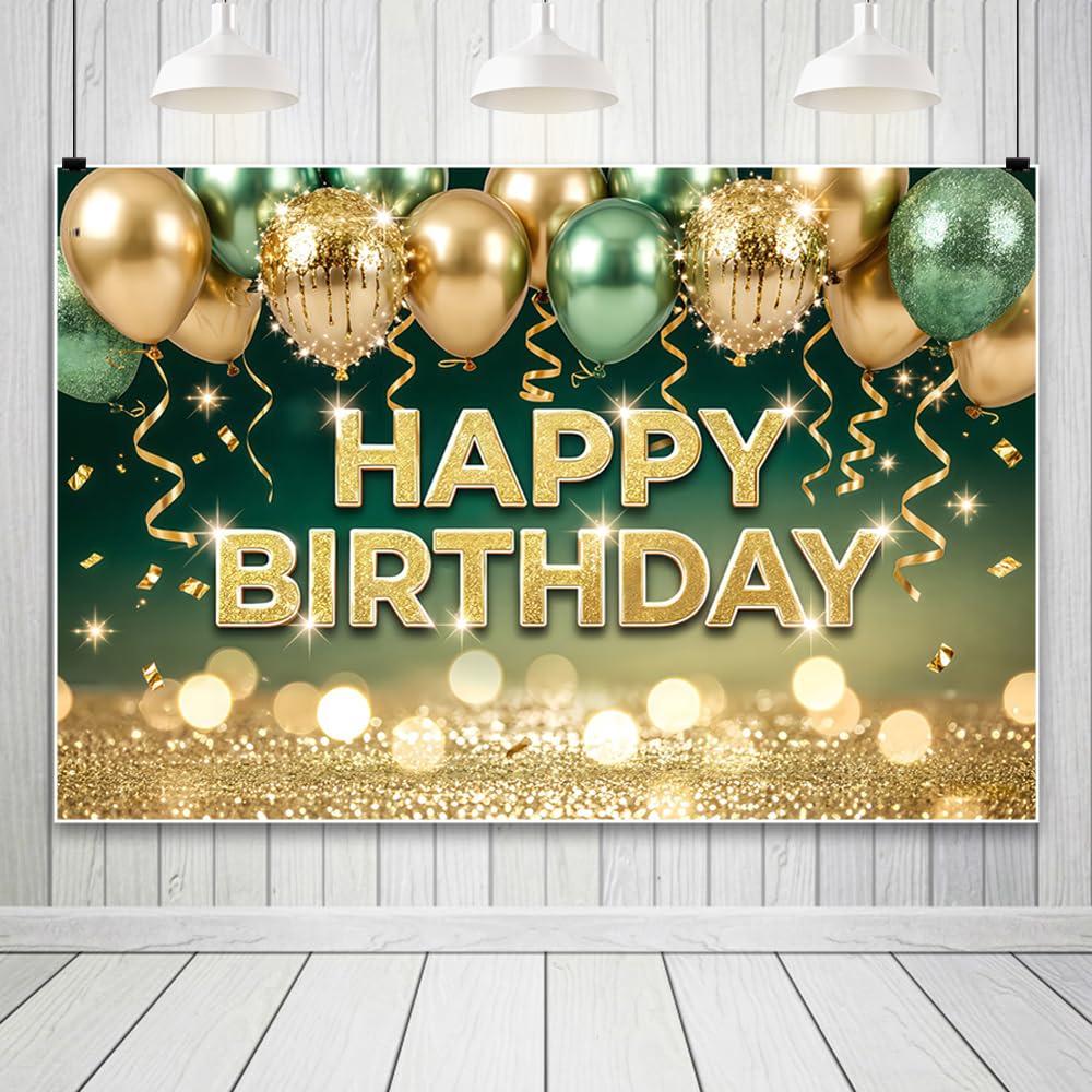 3,6x1,8 m Zielony i złoty baner w tle z okazji urodzin zielony błyszczący balon akcesoria do tła fotograficznego dla kobiet mężczyzn dzieci dekoracje na przyjęcie urodzinowe