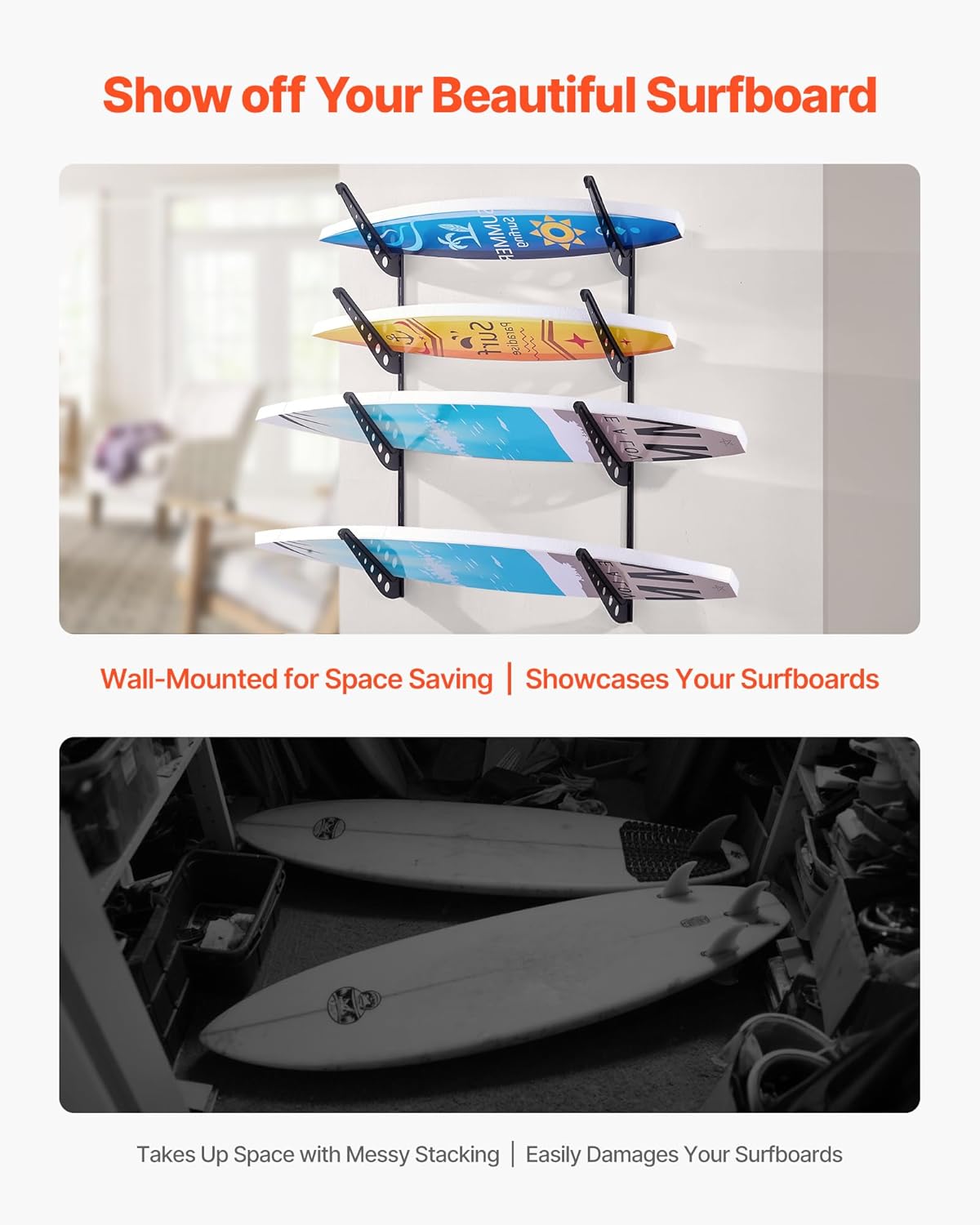 VEVOR Surfboard Wall Mount, 4 Tiers Horizontal Surfboard Rack for Storage and Display, Adjustable Height Metal Board Stand Organizer, Surf Board Holder for Snowboards, Kiteboards, Shortboard, Skis