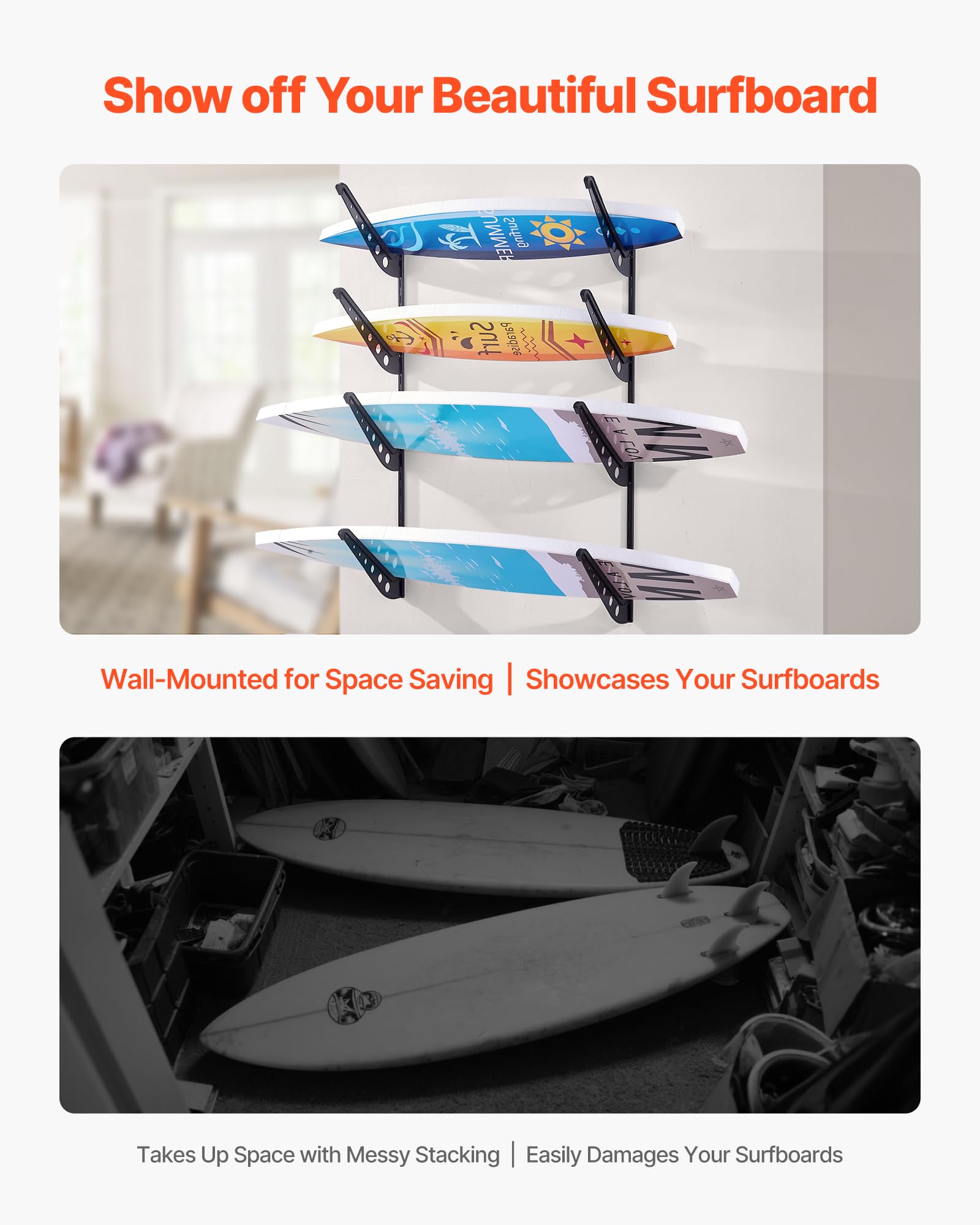 VEVOR Soporte de Pared para Tablas de Surf, Soporte Horizontal para Tablas de Surf de 4 Niveles para Almacenamiento y Exhibición, Organizador Ajustable para Kiteboards, Esquís y Snowboards, Negro