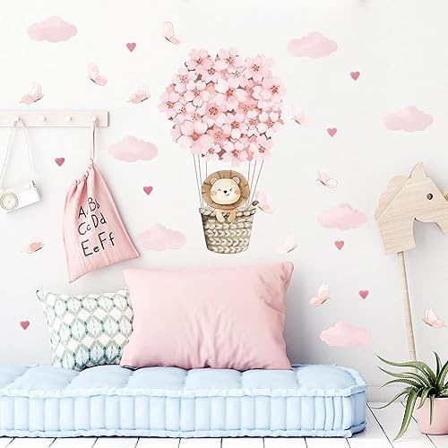 Miniatura 4 de Calcomanías de pared de globo aerostático con diseño de cachorro de león, diseño de mariposa rosa, nube, corazón, bricolaje, calcomanías de pared