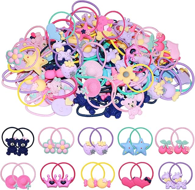 120pcs (60 pairs) Baby Girls Cartoon Hair Ties Soft Rubber Bands Hair Bands Holders Pigtails Hair Accessories for Girls Infants Toddlers Kids Teens and Children