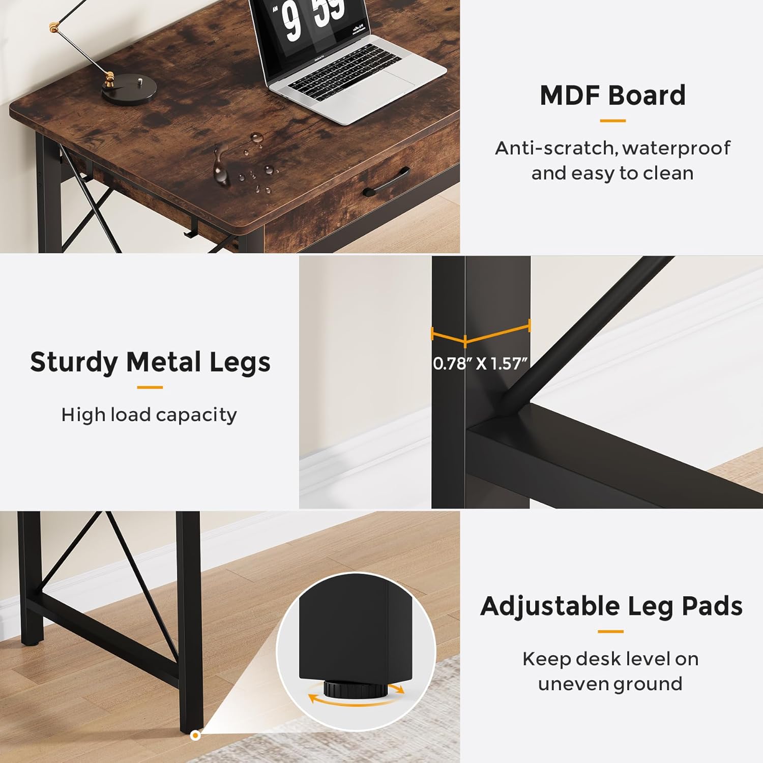 78.7 inch Extra Long Computer Desk with 3 Drawers, Two Person Office Desk, Double Desk with Hooks, Industrial Writing Study Table Workstation for Home Office, Rustic Brown and Black