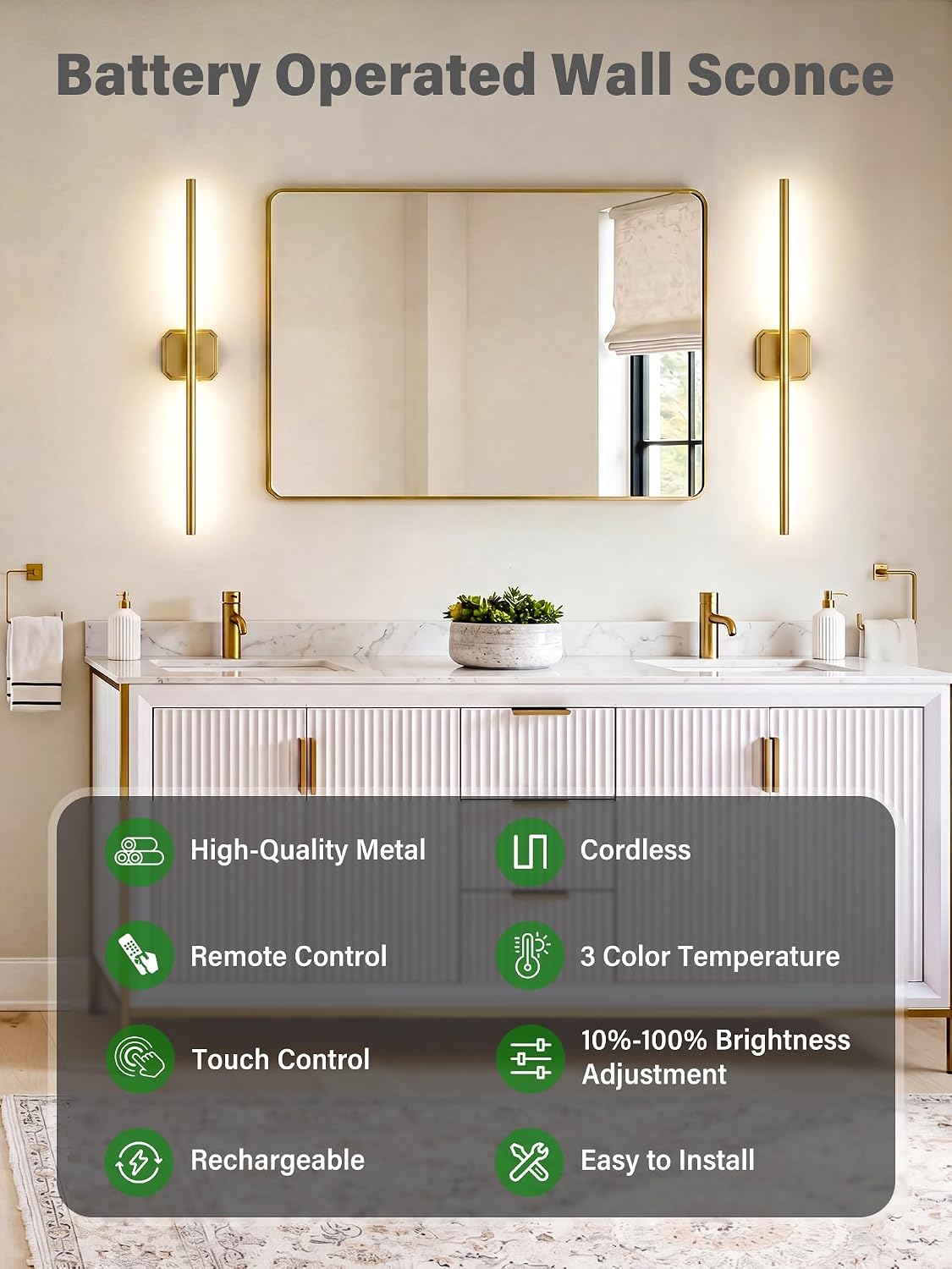 Battery Operated Wall Sconces Set of Two, Wireless Wall Lights Touch & Remote Control Rechargeable LED Wall Lamp 2700K-6000K Dimmable Lights for Living Room Bedroom Bathroom Hallway( 29 ", Gold) image 4