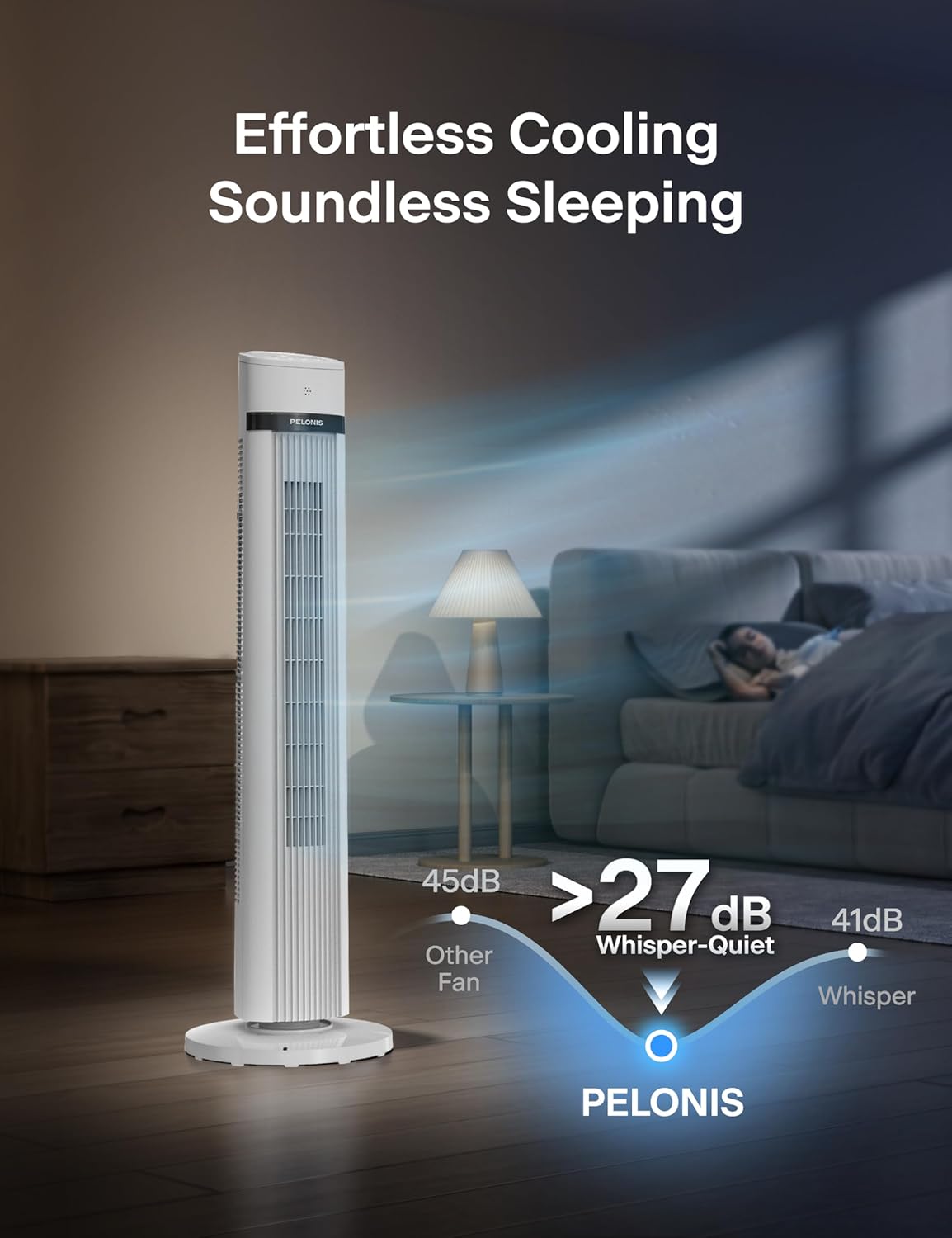 PELONIS 40 inch Bladeless Tower Fan for Bedroom, Standing Fan with Remote Control, 26ft/s, 90° Oscillation, 3 Speed Settings, 27dB, 3 Modes, 15-Hour Timer, LED Display, Fan that Blows Cold Air, White