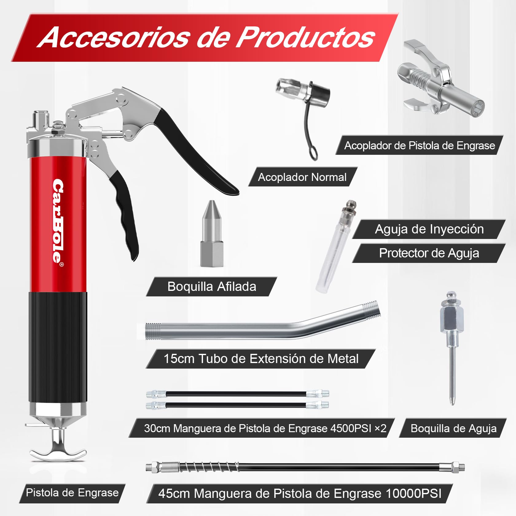 CarBole Pistolas de Engrase 8000PSI con Acoplador,Engrasadora,Bomba de Engrase,3 Mangueras Flexibles y Tubo de Extensión de Metal,Con Seis Tipos de Boquilla,Compatible con Cartucho de Tinta 400cc