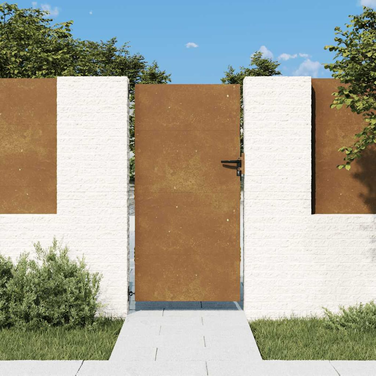 Cancello da giardino, 85 x 200 cm, in acciaio Corten, resistente alle intemperie, con meccanismo di serratura, robusto cancello in metallo per giardino e terrazza