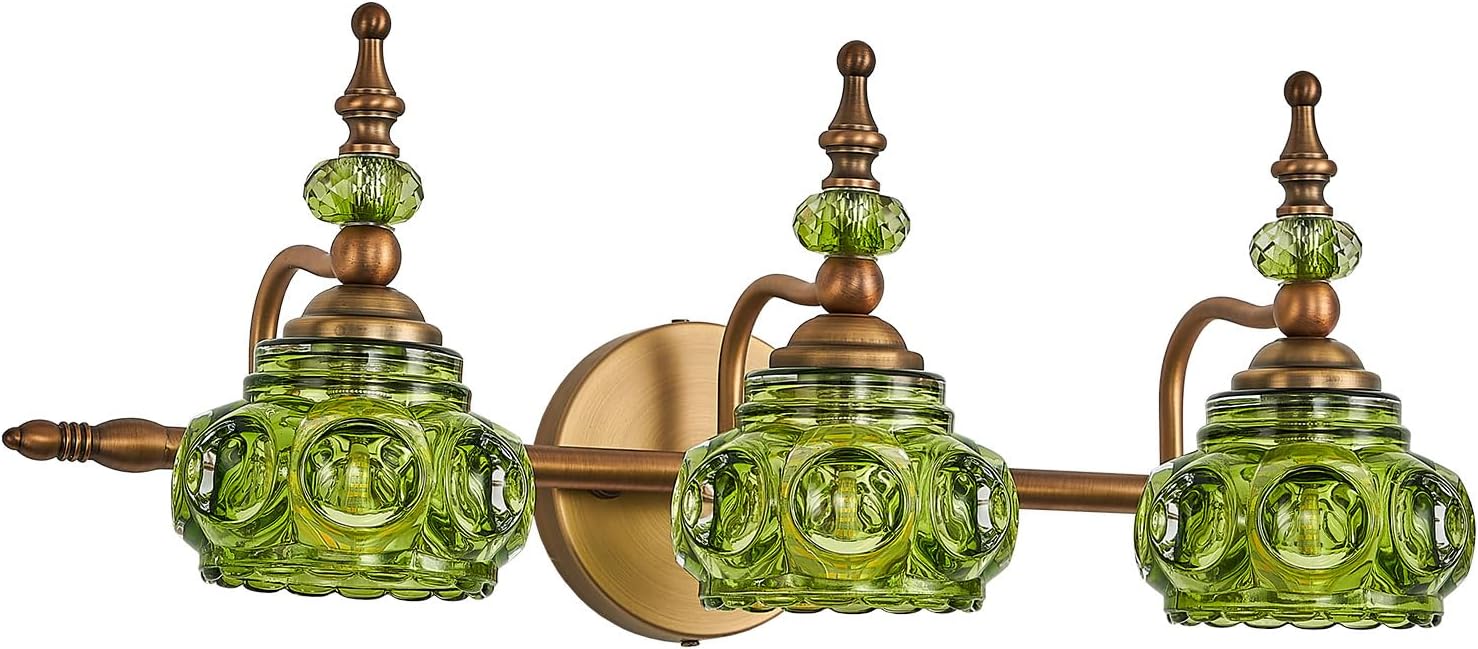 Vintage 3-Light Bathroom Vanity Light Fixtures, Modern Brass Vanity Wall Sconces Over Mirror with Green Glass Shade for Bathroom Bedroom Living Room 3-Light Green
