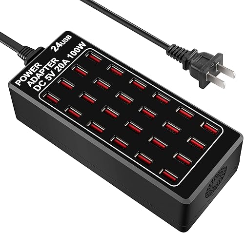 Cinlinso - Estación de carga USB, 24 puertos 100 W (20 A), cargador rápido USB multipuerto con detección inteligente para teléfonos inteligentes,