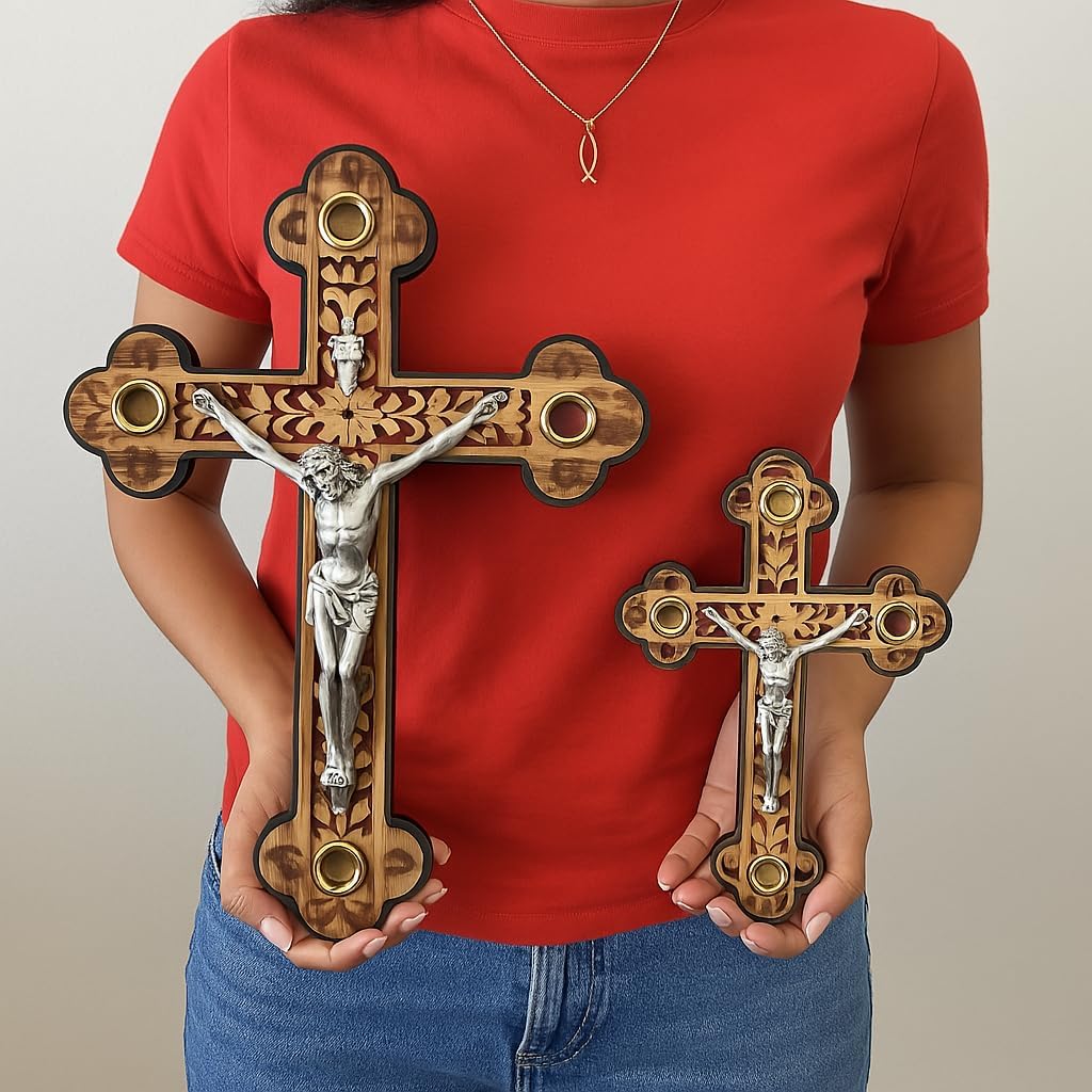 Large Crucifix Wall Cross Olive Wood, Catholic Crucifix for Wall Decor With Mother of Pearl, Wooden Crucifix with Relics from the Holy Land, Wedding Crucifix, Wooden Crosses (X-Large 15" x 10" x 1")