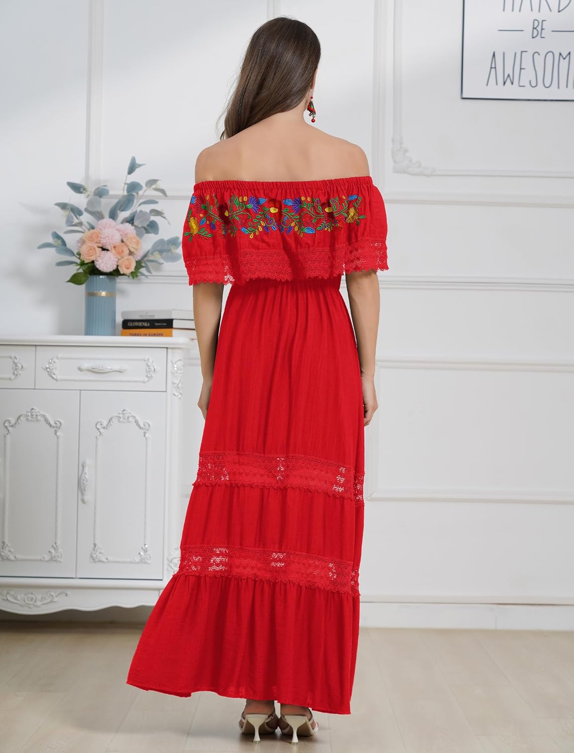 Mexican Dress for Women Traditional Off Shoulder Embroidered Present Casual Lace Long Maxi Dress Cinco de Mayo Outfit - Image 5