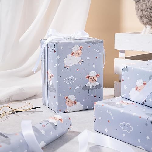 Vista 128 de WRAPAHOLIC Papel de regalo reversible, mini rollo, 17 pulgadas x 33 pies, adorable diseño de gato y azul sólido para cumpleaños, vacaciones