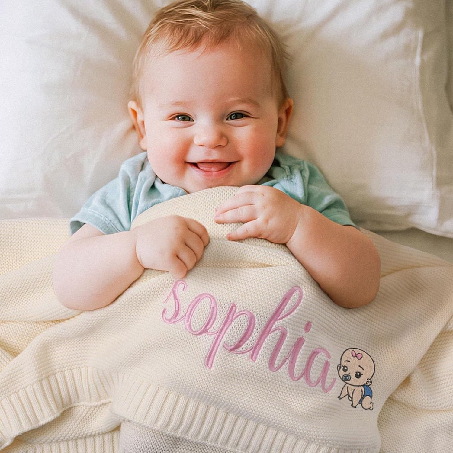Coperta Personalizzata In Cotone Lavorata A Maglia Con Nome, Nome E Motivi Ricamati, 76 X 102 Cm, Coperta Cellulare Personalizzata Per Passeggino Neonato, Regalo Per Neo Mamme