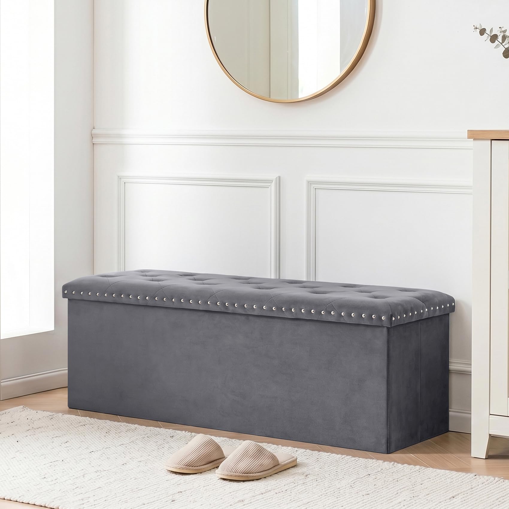 PINPLUS Klappbare Sitzbank mit Stauraum, Samt, 110x40x40 cm, Grau | Bettbank mit dickem Deckel, Truhenbank & Fußbank, große Aufbewahrung, platzsparend, für Wohnzimmer, Schlafzimmer, Diele