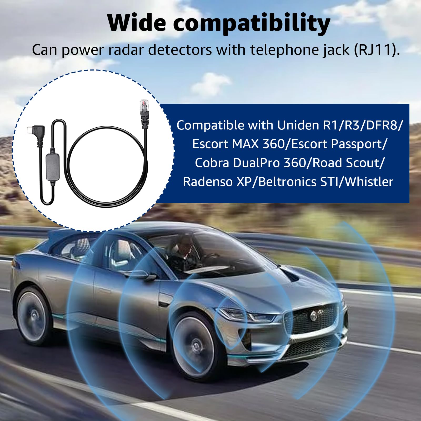 Cable de alimentación USB-C a RJ11, cable detector de radar para Uniden R1 R3 R7 Escort MAX360 MAX 360c IX IXc Beltronics Cobra Passport 9500i Radenso XP, etc. (3.3 pies)