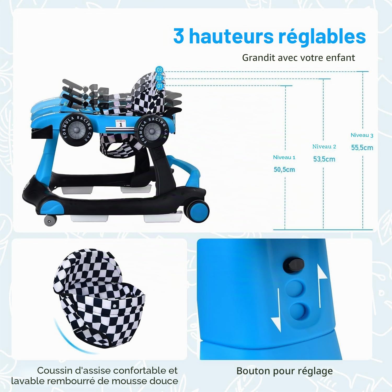 FANTASK Trotteur 4 en 1 pliable avec hauteur et vitesse réglables, en forme de voiture pour bébé, avec boîte à musique, lumières et roues, bleu