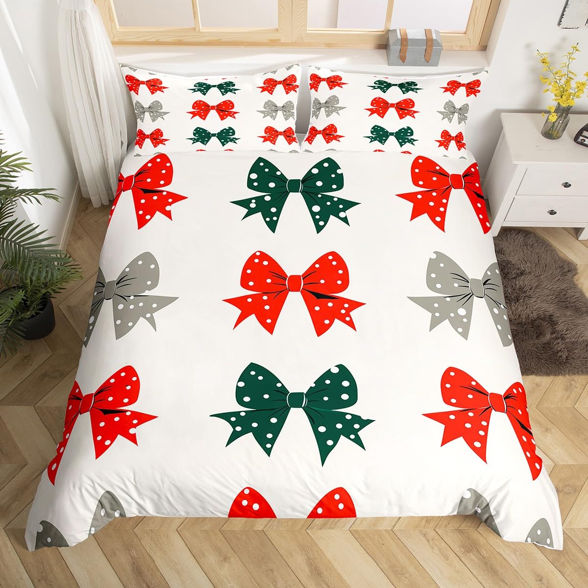 Loussiesd Red Green Bowknot Bedding Set Cot Size Kids Merry Christmas Duvet Cover Set for Boys Girls Xmas Bow Tie Duvet Cover with 1 Pillowcase Soft Microfiber Room Decor โ image 1