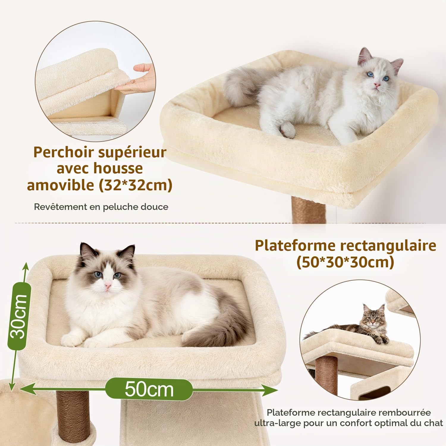 Globlazer F78 Arbre à Chat XXL Beige pour Grand Chats 200 cm Arbre a Chat | Multifonction Stable Arbres à Chat avec 2 Immense Niches, Grand Plateformes 3 Panier Planche Sisal, pour Plusieur Chat Adulte