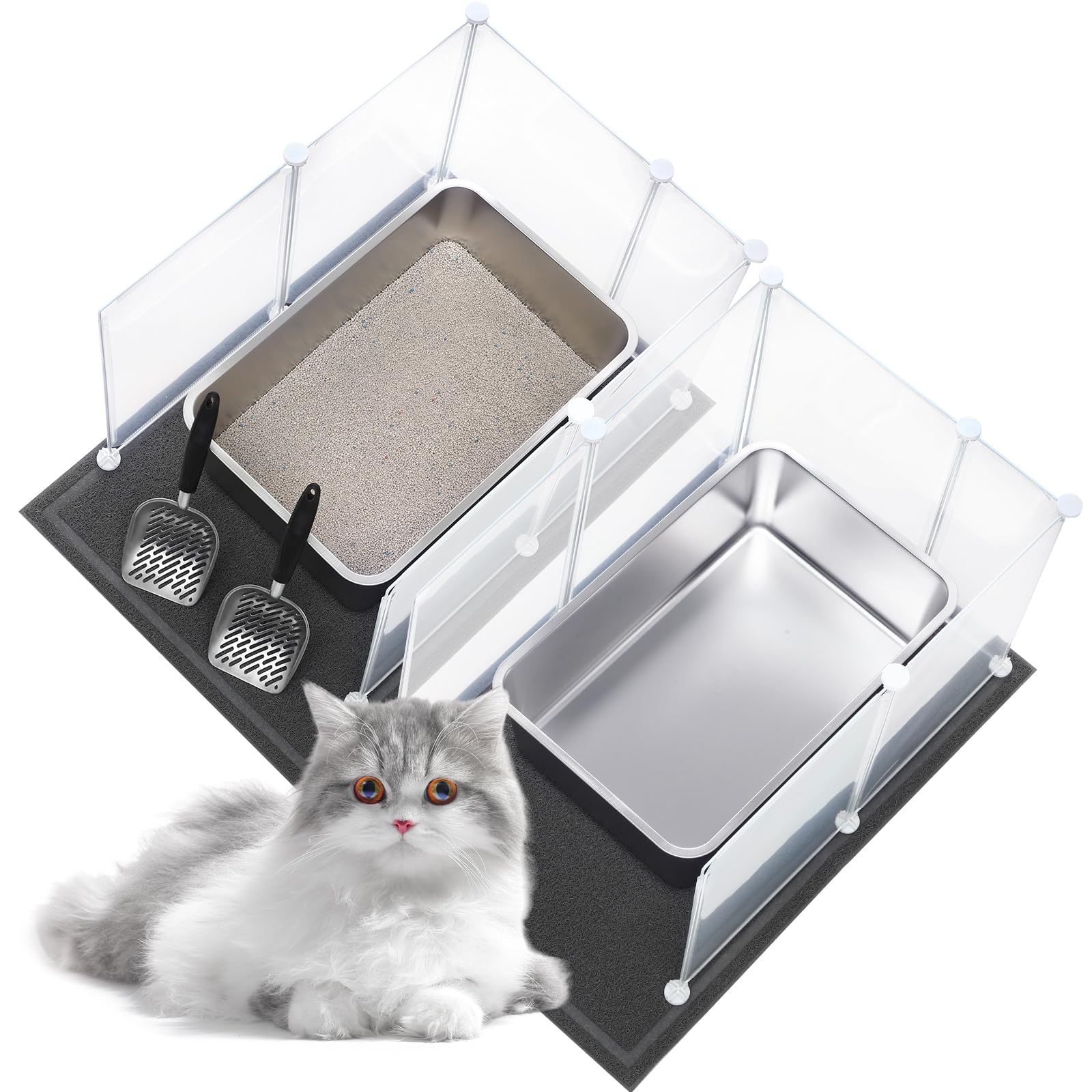 Tioncy 2 Pack Extra Large Stainless Steel Cat Litter Box, 2 Cat Litter Scoop, 2 Cat Litter Mat, 12 Corner Splash Guard Never Absorbs Odor, Rustproof, Non Stick Smooth Surface (23.6 x 15.8 x 7.9 inch)