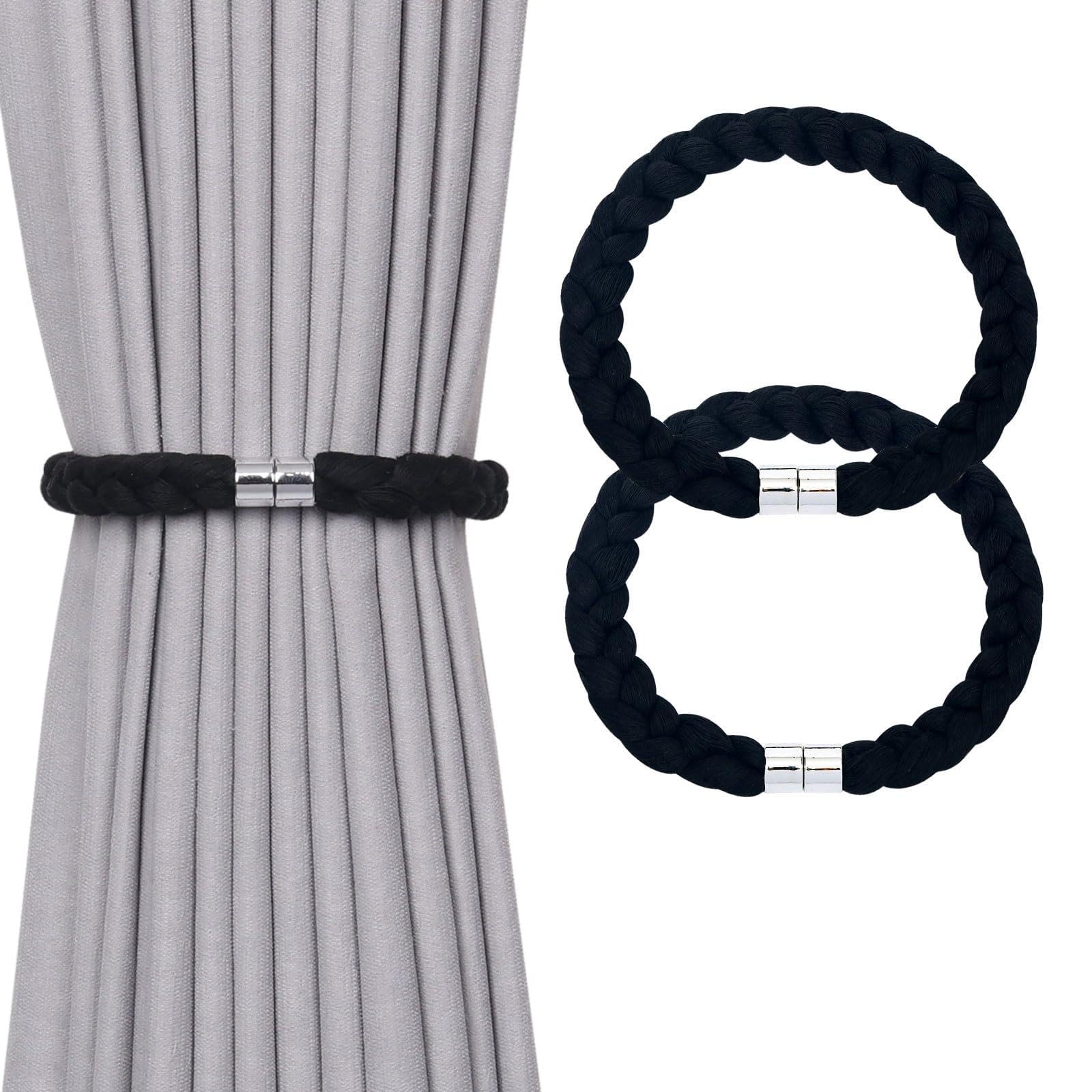Pretty Jolly 2 Pack Natural Cotton Rope Magnetic Curtain Tiebacks Elegant Twisted Braid Style Drape Tie Backs Soft Hand-Woven Rope Curtain Holdbacks for Home & Office Window Draperies (Black-01)
