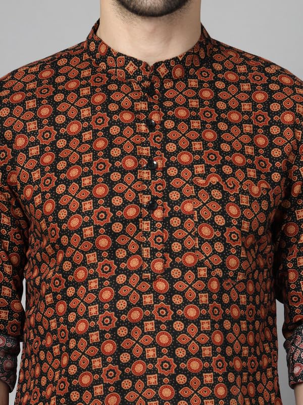Image of Vastraa Fusion Men's Handloom Weaving Pure Cotton Short Kurta, Round Collar, Full Sleeves,Button Kurta, Ethnic Wear