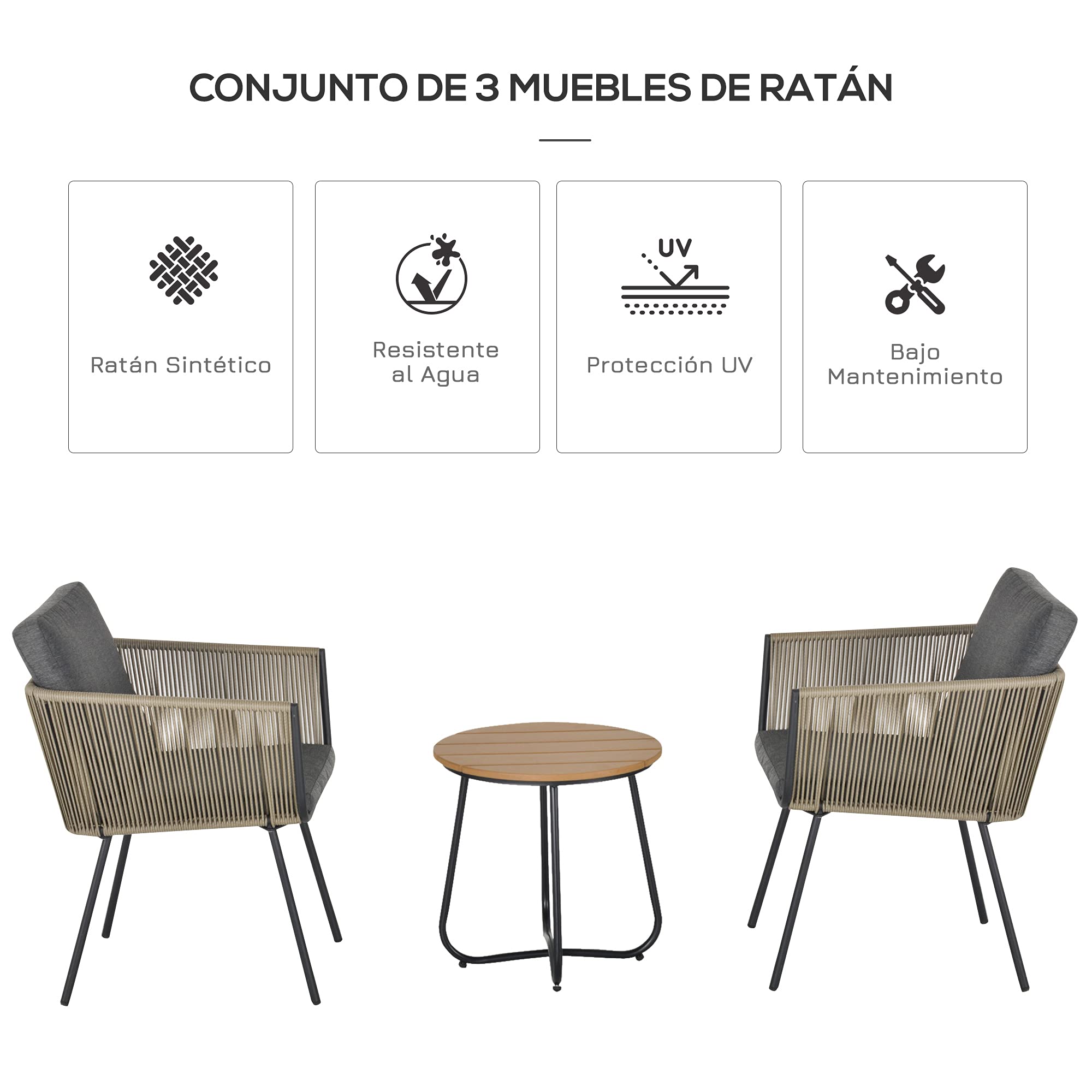 Outsunny Conjunto de Muebles de Jardín Juego de 3 Piezas Muebles de Ratán 1 Mesa Redonda y 2 Sillas Butaca con Cojines Acolchados para Balcón Terraza Acero Caqui y Gris