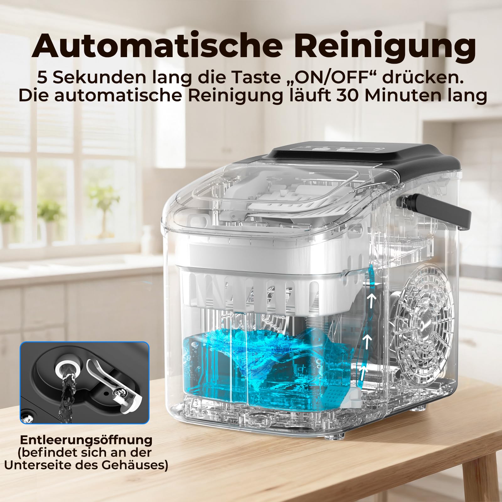 Eiswürfelmaschine 12KG/24H, Selbstreinigend Eiswürfelmaschine Klein, Ice Maker mit Griff-Eiswürfelkorb/Schaufel, 8 Eiswürfel in 6-8 Minuten, für Küche/Büro/Party/Büro RV, Schwarz