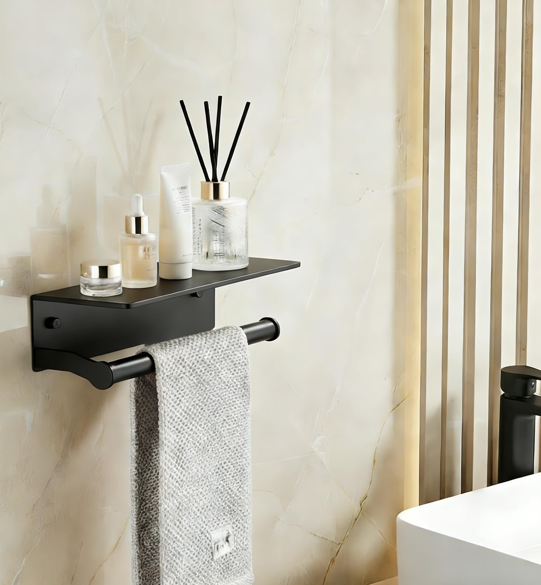 Black Paper Towel Holder Wall Mount with Thickened Shelf for Bathroom,Matte Black Adhesive Hand Towel Holder,Bathroom Kitchen RV