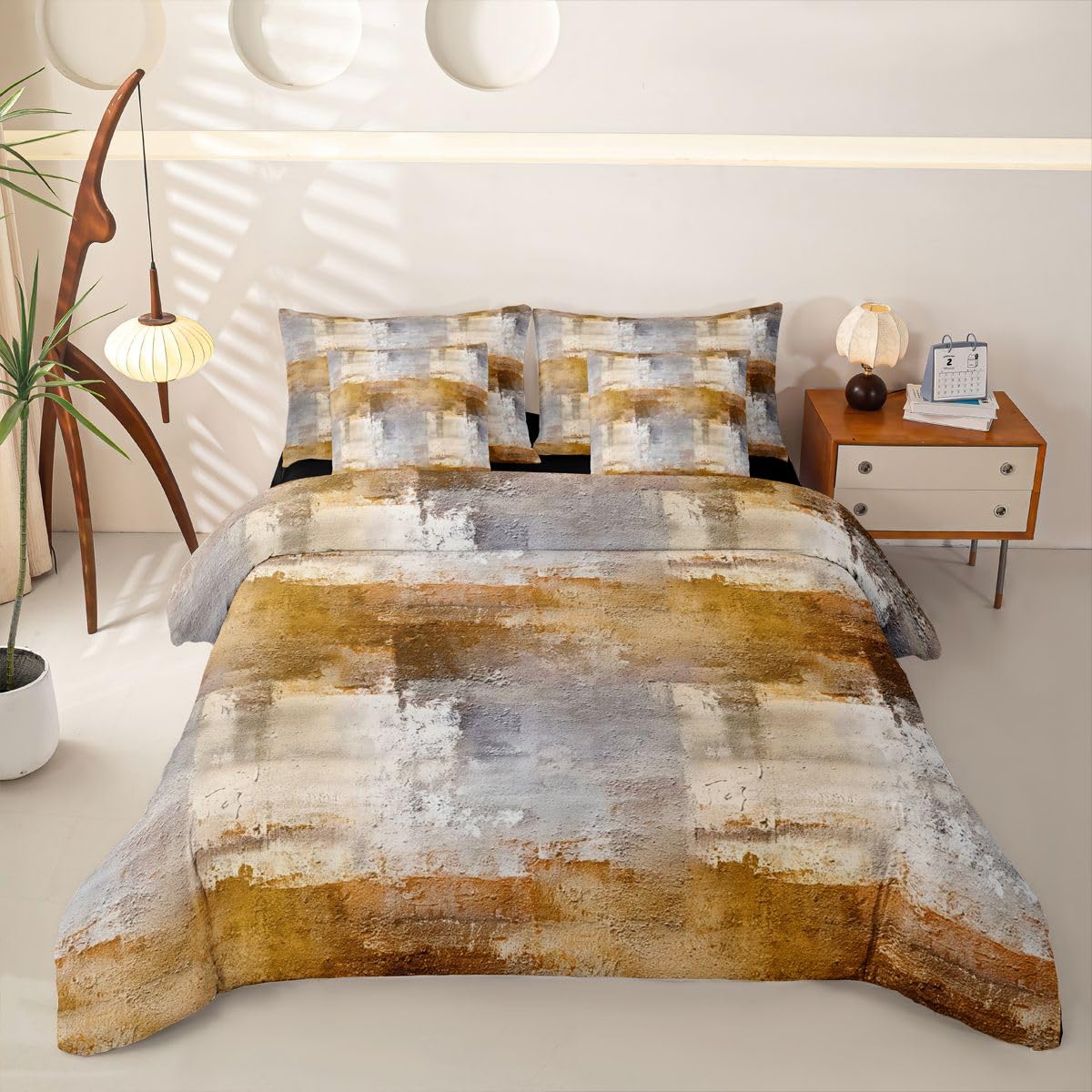 Loussiesd Set di biancheria da letto con copripiumino singolo astratto con lenzuola, per bambini, ragazzi e ragazze, motivo geometrico grigio arancione ombré, 7 pezzi, arte astratta moderna