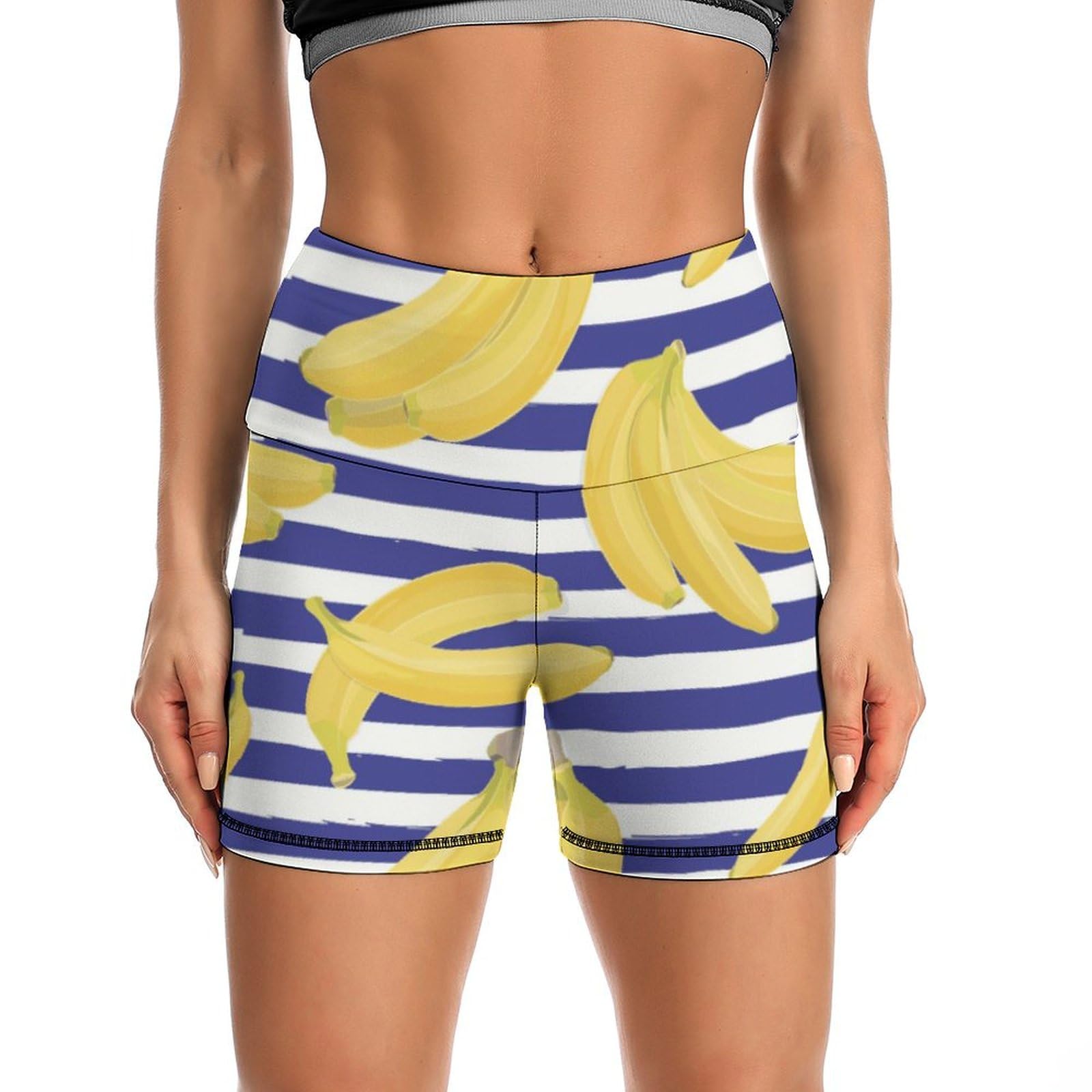 Banana On Blue Stripes Pattern High Waist Yoga Shorts for Women Athletic Shorts Leggings Running Pants