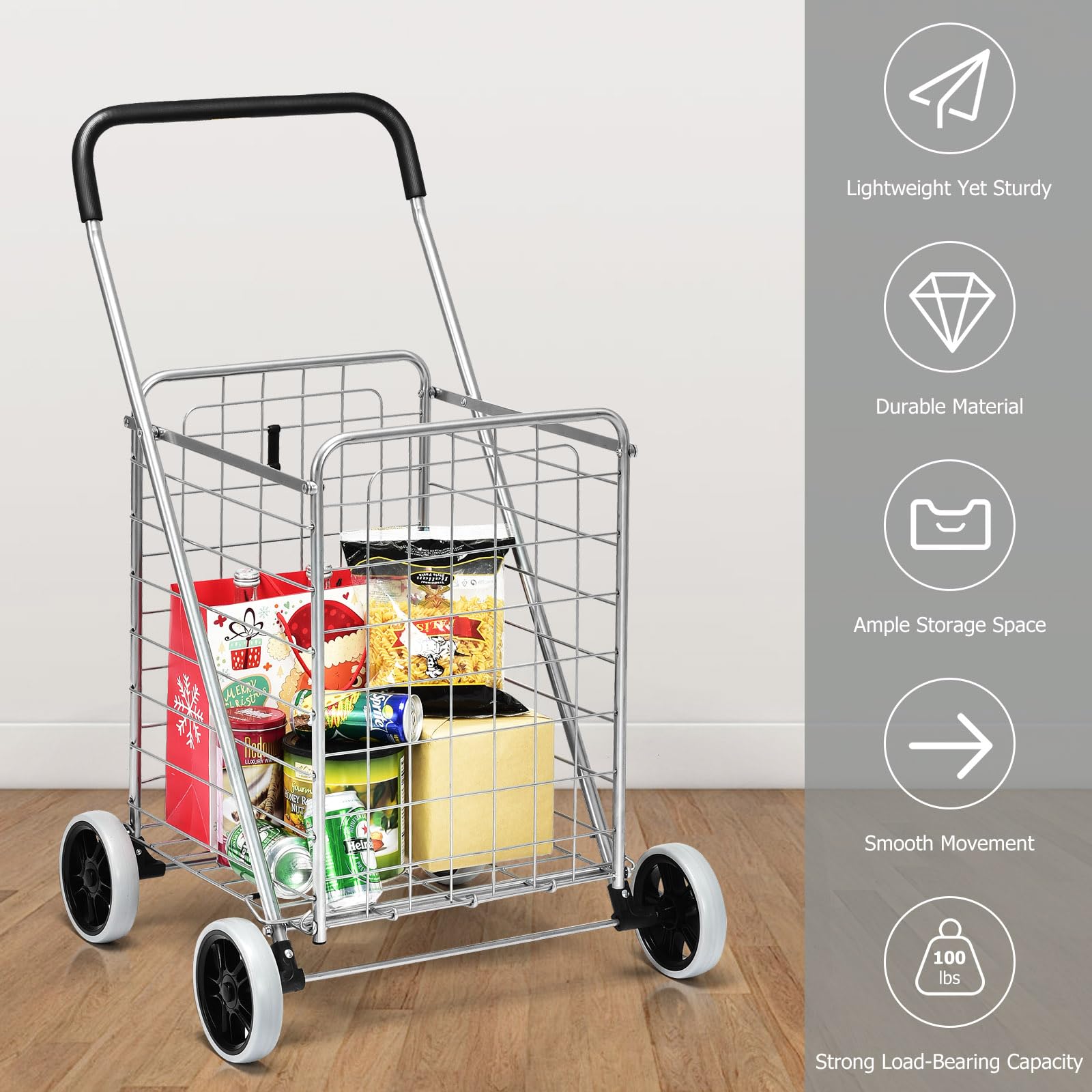 SOARS Carrello per la spesa pieghevole 83L, con ruote grandi e maniglia, telaio in metallo, carico 45 kg, carrello della spesa per supermercato, biancheria, bagagli, 57 x 58,5 x 91,5 cm (argento)