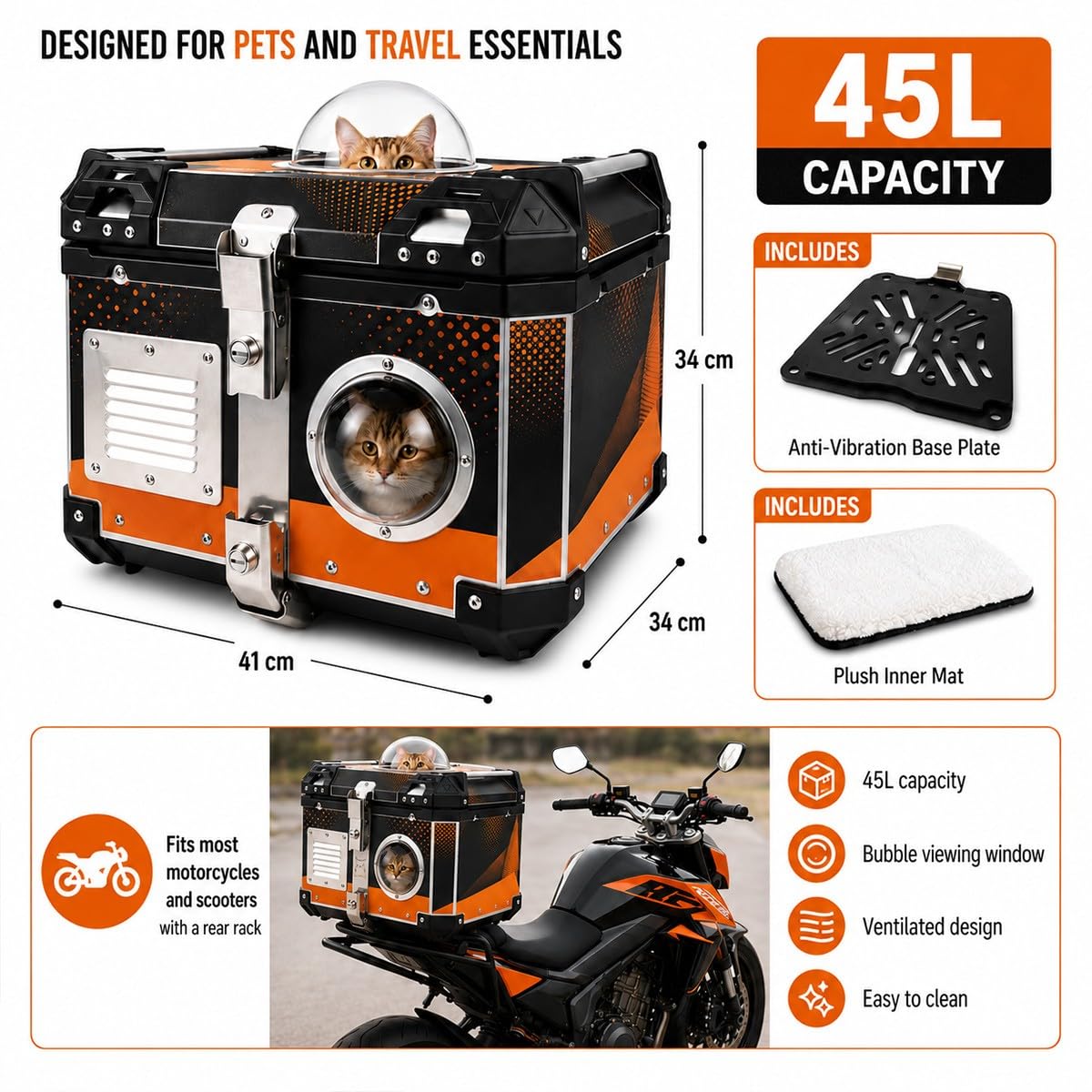 Coffre Moto Transport Animal 45L 41×34×34cm, Top Case Arrière Verrouillable pour Scooter, E-Bike et Cyclomoteur, Caisse de Voyage avec Bulle, Aération, Tapis et Plaque de Base