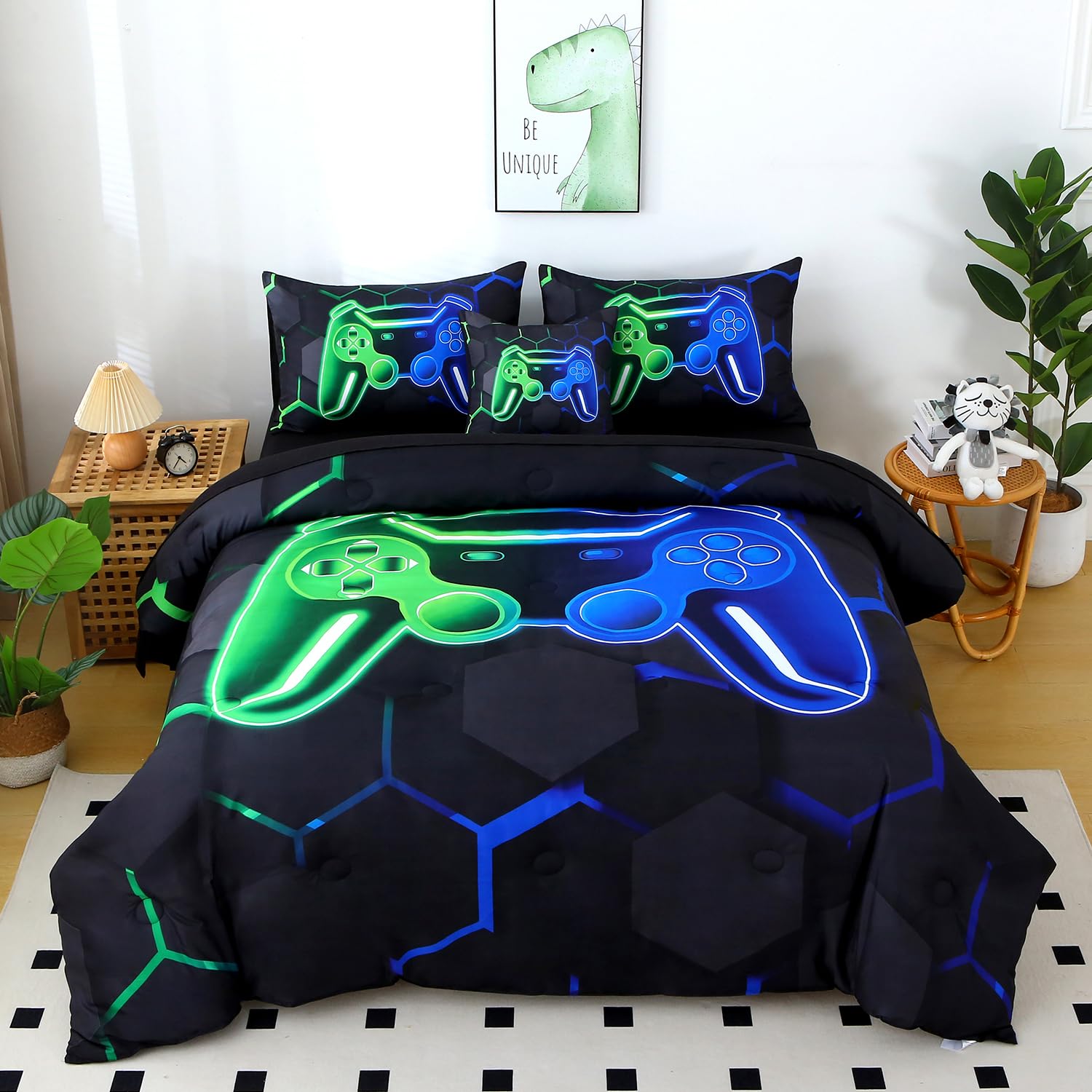 BYHOFMLY Gaming Twin Bedding Sets for Boys, Green and Blue Gamer Kids Comforter Set, 6 Pieces Game Console Bedding Comforter Sheet Set (Green Blue,