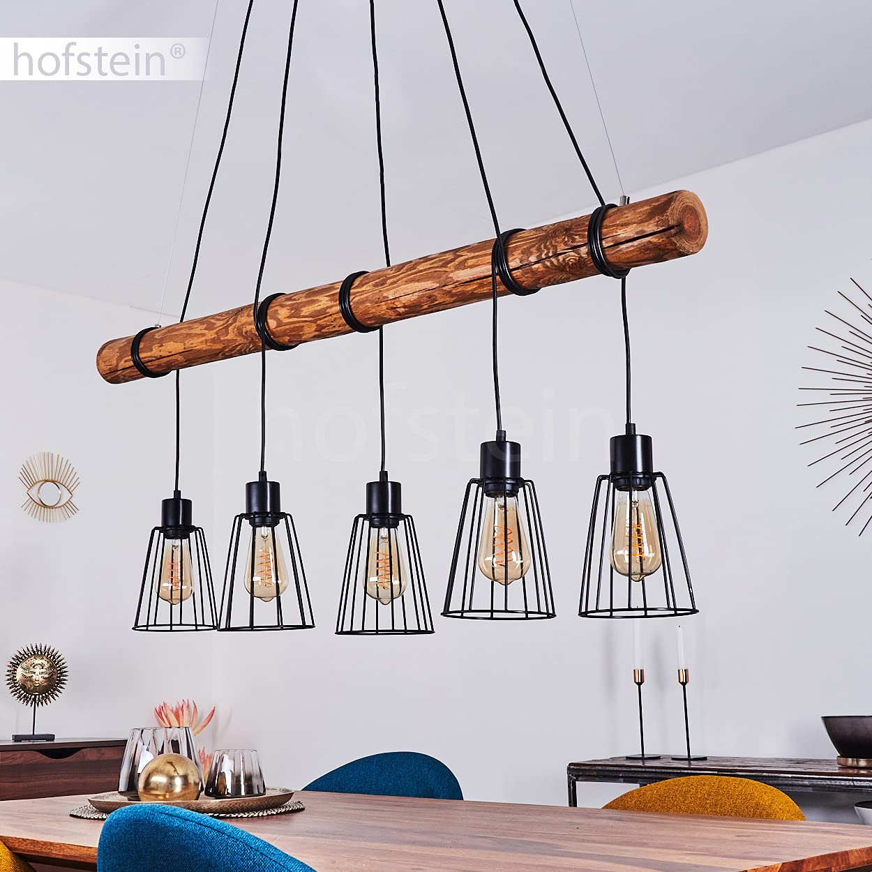 Lampa wisząca Canedo, 5-lampowa lampa wisząca z metalu/drewna w kolorze czarnym/brązowym w stylu skandynawskim, lampa wisząca z drewnianym prętem i kloszami w kształcie kraty, 5 x E27, bez żarówek