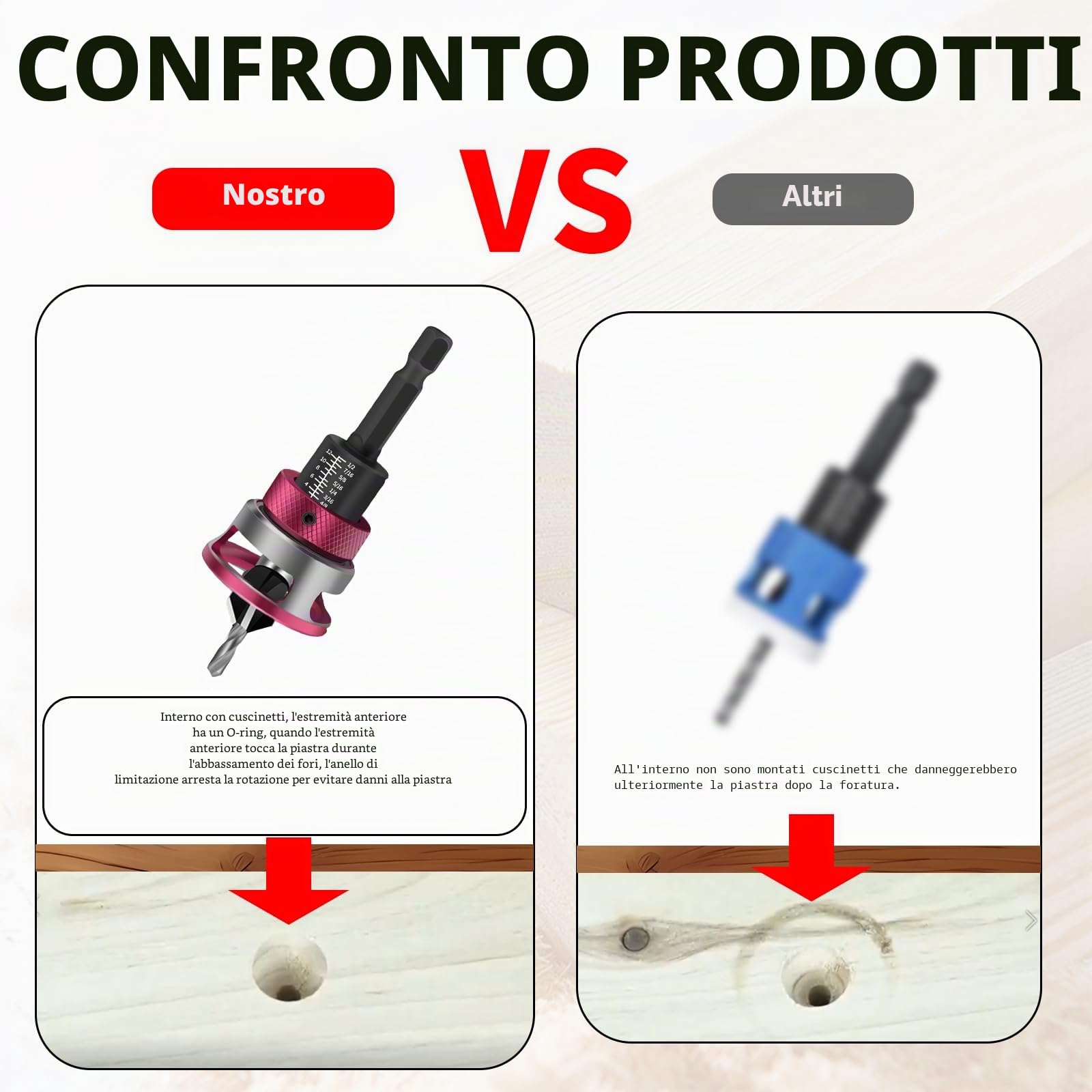 Set di 6 punte per svasatura conica, per legno con arresto di profondità, con attacco esagonale da 1/4", in HSS-M2, fori di precisione, per lavorazione del legno