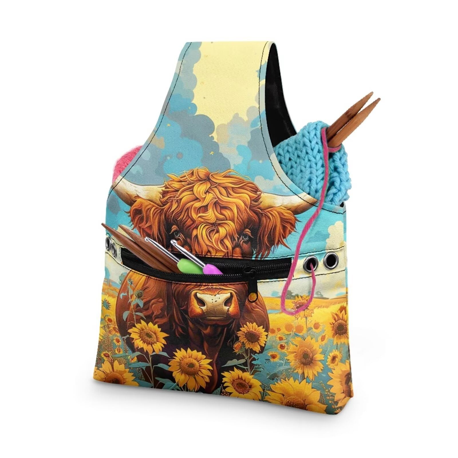 Highland Cow Yarn Bag with Crochet Organziers and Storage Sunflower Knitting Wrist Bag Holding Knitting Needles,Small