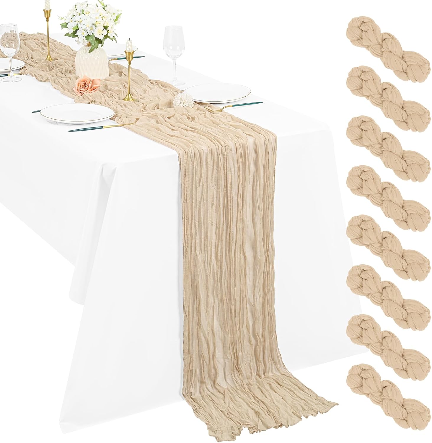8 Pack Cheesecloth Table Runner, 10Ft Boho Gauze Table Runner 21×120 Inch Rustic Romantic Long Table Runner for Wedding Party Bridal Shower Thanksgiving Christmas Decoration (Beige) Beige 8 Pack-21x 120 Inch