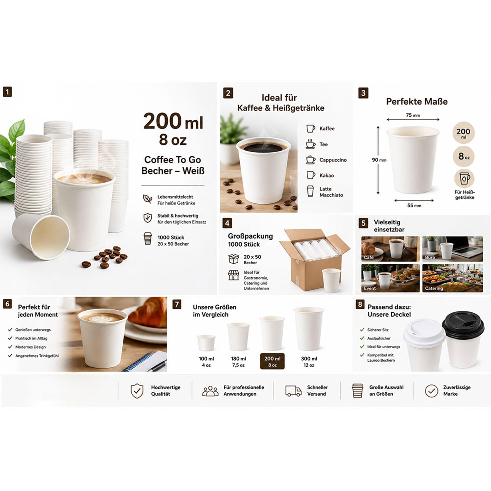 Lauroo Kubek do kawy – TO GO 200 ml, jednorazowy kubek do kawy na wynos, biały (20 x 50), 1000 sztuk