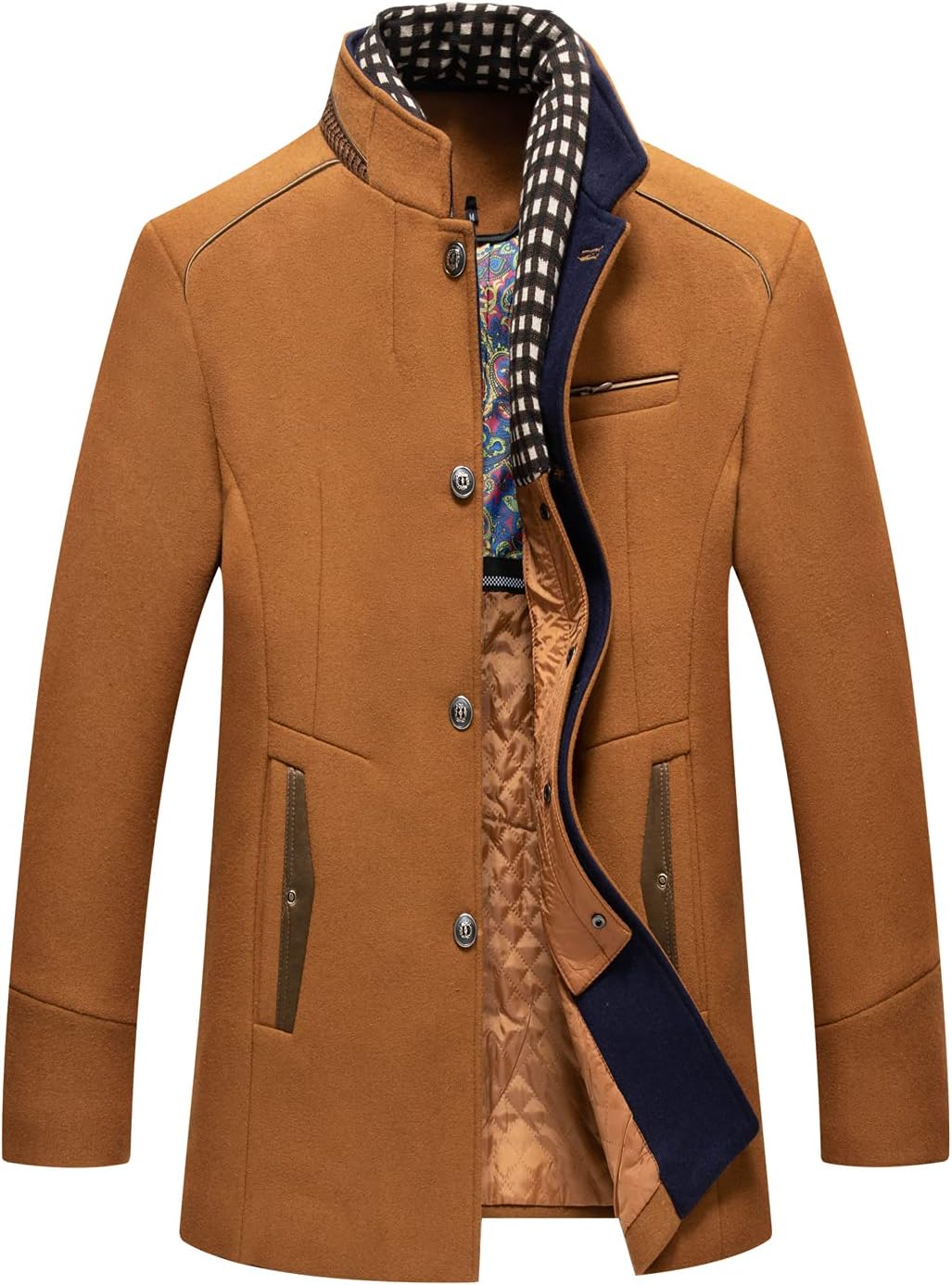 chouyatou Men's Casual Banded Collar Single Breasted Thicken Quilted Lined Wool Blend Pea Coat Detachable Plaid Scarf
