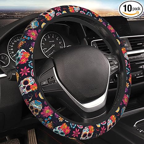 Colorfully Sugar-Skull 15 Inch Universal Steering Wheel Covers, Anti Slip Sweat Absorption Elasticity Car Accessories Steering Wheel Protector,Applicable to All Cars