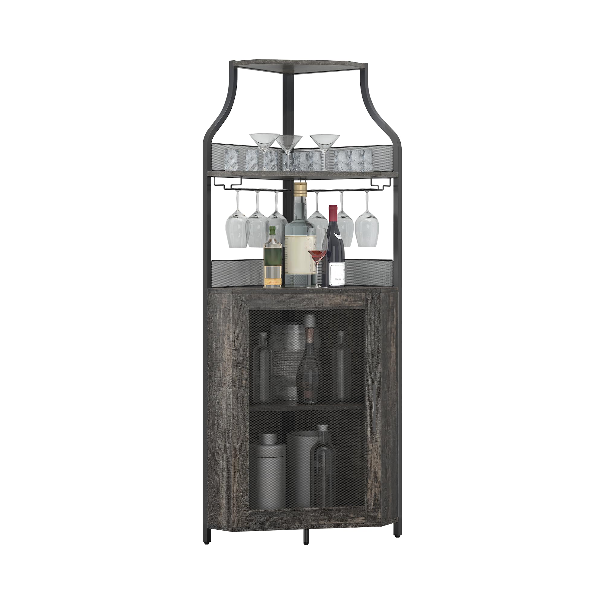 Garvee Eck-Weinbar-Schrank Mit Großem Stauraum Und Abnehmbarem Weinregal, Kaffeebar Mit Glasaufbewahrung Und Gittertür, 4-Stufiger Getränkeschrank Für Bar- Und Weinlagerung.