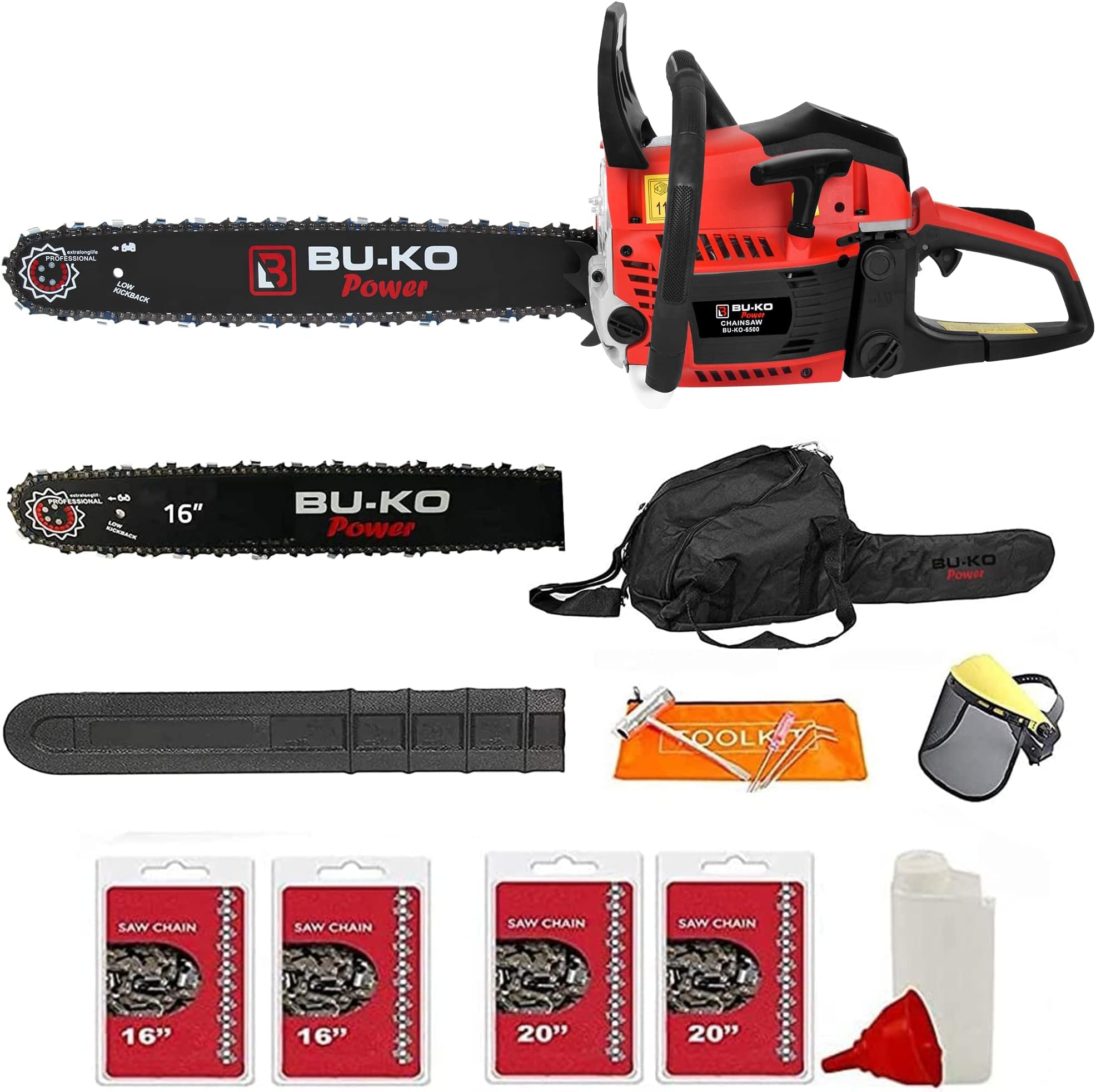 65cc Petrol Chainsaw 3.89HP 20" Bar with 2 Chains and 16" Bar with 2 Chains - Cover Bag and Full Safety Gear