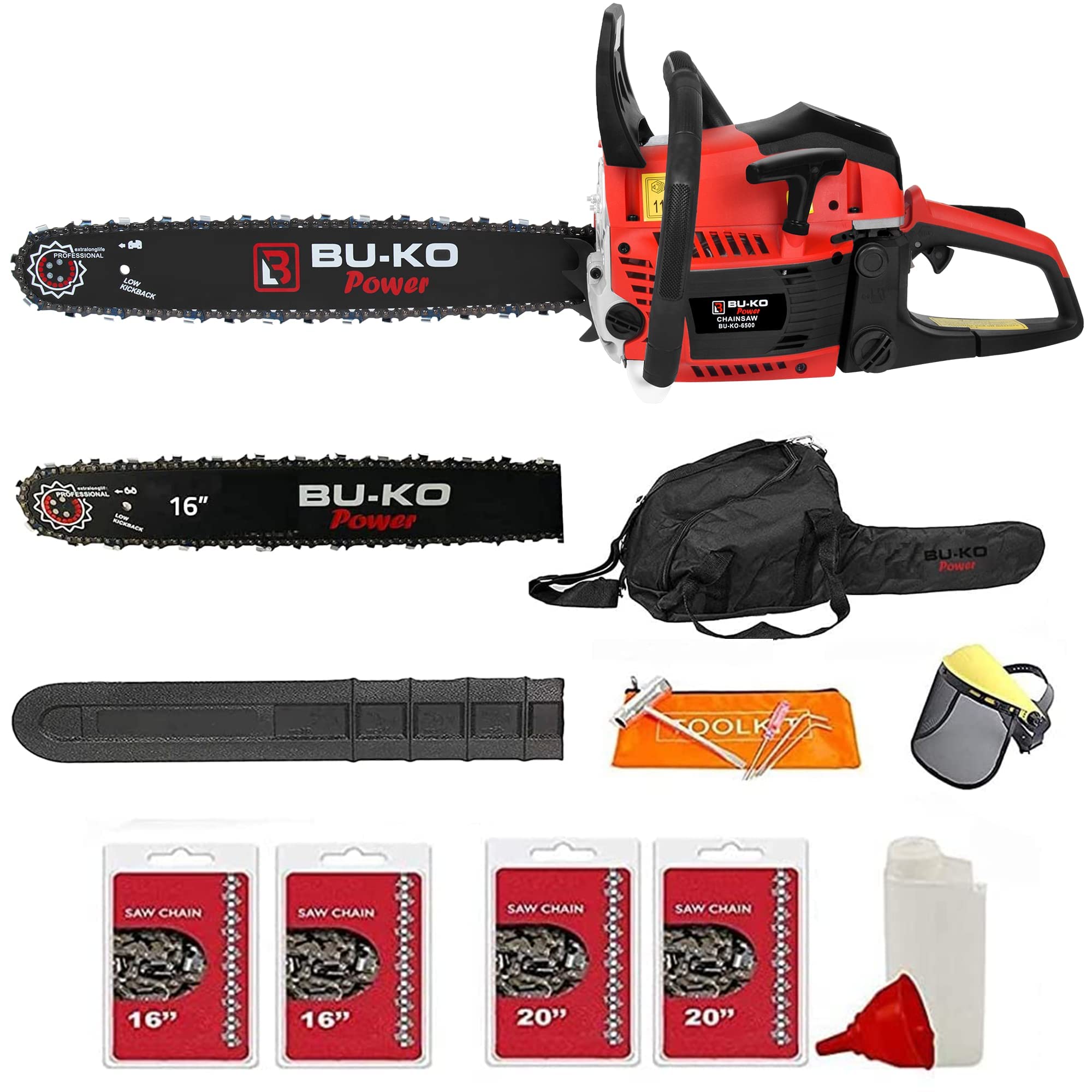 65cc Petrol Chainsaw 3.89HP 20" Bar with 2 Chains and 16" Bar with 2 Chains - Cover Bag and Full Safety Gear