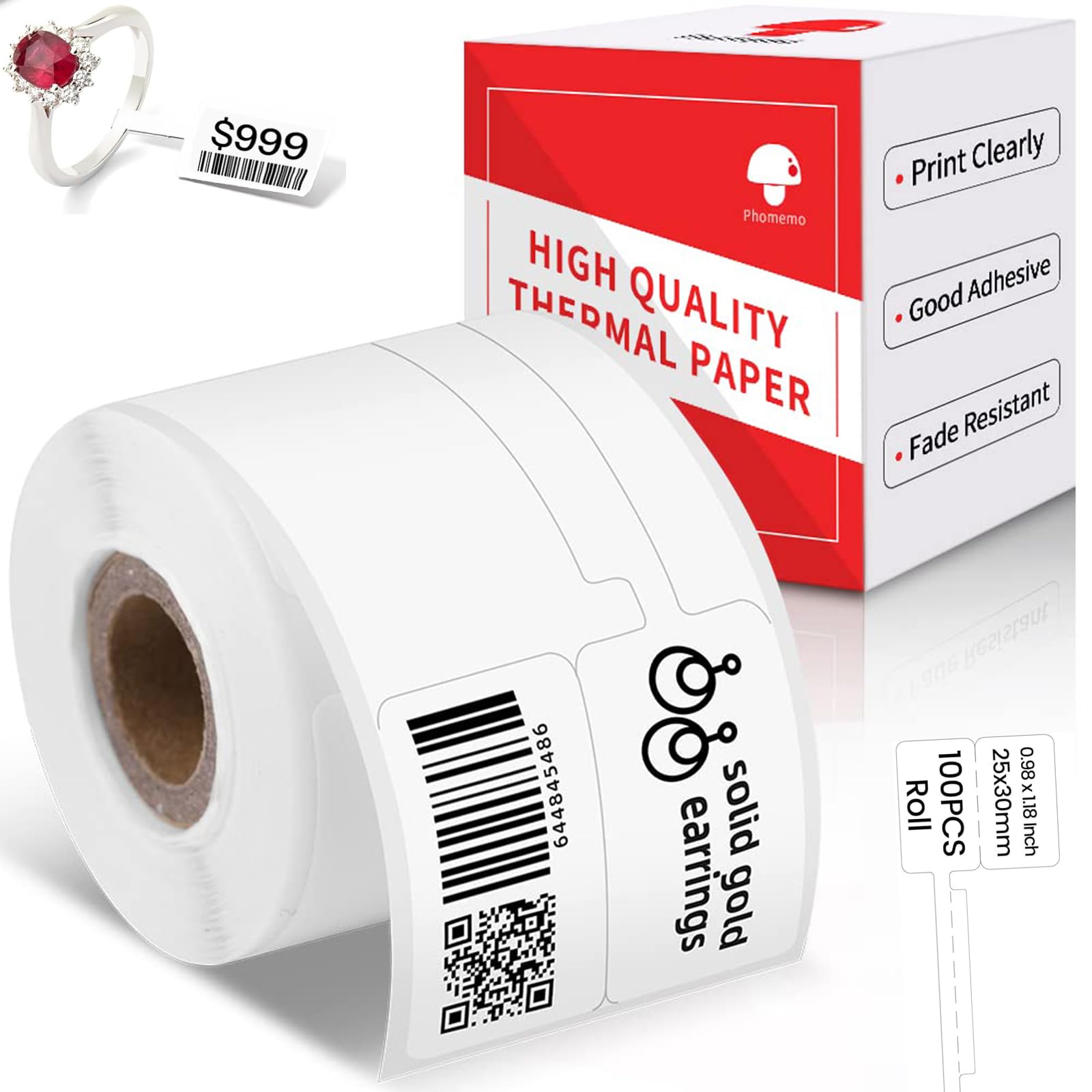 Phomemo Thermal Labels Jewelry Price Tags Compatible with Phomemo M110 M108 M120 M200 M220 M221 M150 M250 M260 M100 Label Printer, 70x30mm (2.75''x1.2'') 100 Labels/Roll, for Cabel