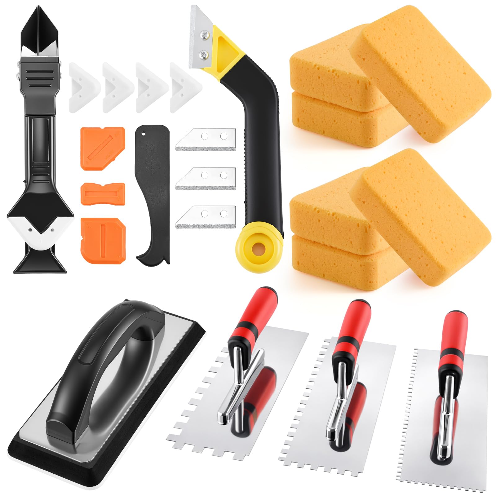 Juego de 23 piezas de herramientas para azulejos y lechada, herramientas de silicona para eliminar calafateo de acero inoxidable, paleta de muescas de goma moldeada, flotador de lechada de