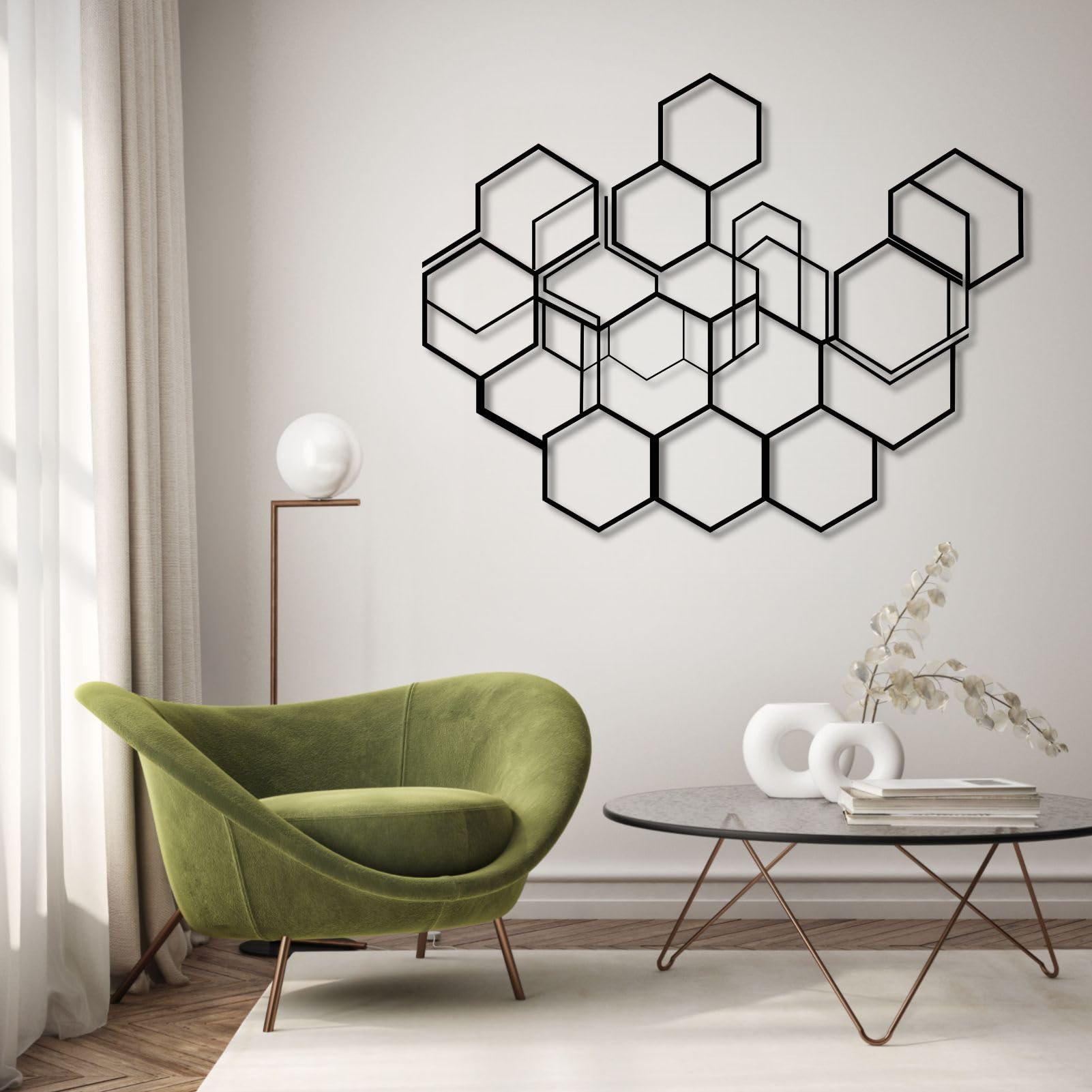 Geometryczny sześciokąt metalowa sztuka ścienna, nowoczesna minimalistyczna abstrakcyjna dekoracja do salonu, sypialni, biura