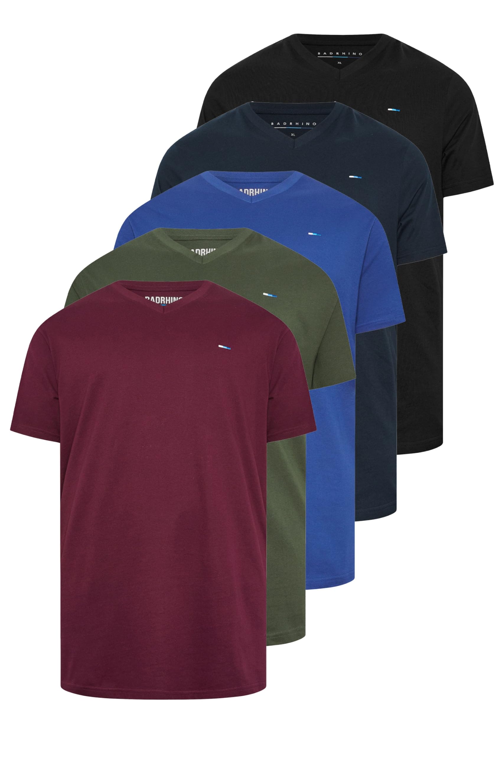 Badrhino Men's Multi Big & Tall Black/Red/Green/Blue/Navy Blue 5 Pack V-Neck T-Shirts - Plus Size Curve