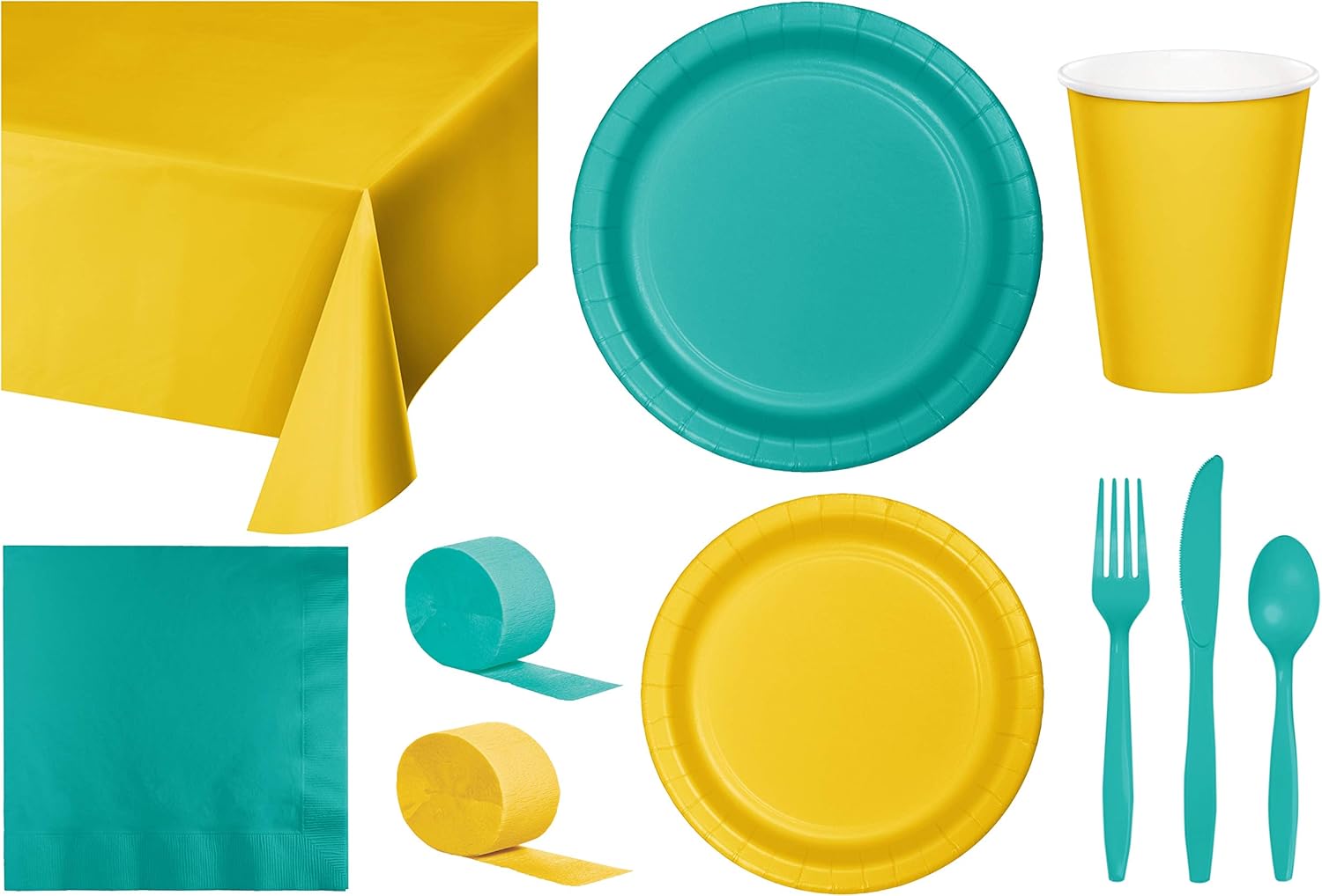 Baxters Party Bundle Bulk, Tableware for 24 People Sunkiss Orange and Teal Green, 2 Size Plates Napkins, Paper Cups Tablecovers and Cutlery, Box of 199